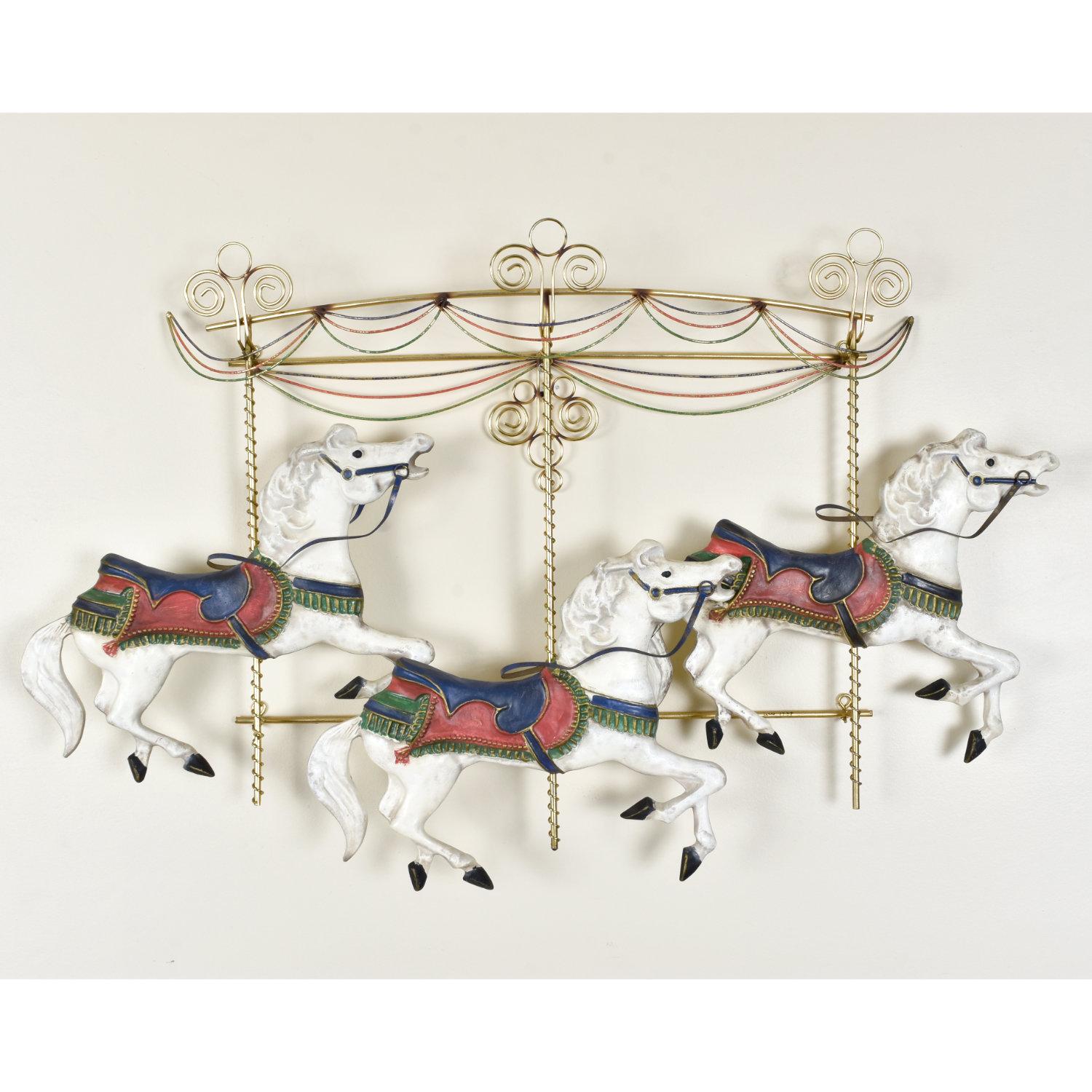 Curtis Jere whimsical leaping carousel horse metal wall sculpture: Signed, Curtis Jere. The sheer size of this Nineteen-Laties piece will fill a room with excitement. The larger than life sculpture spans nearly four feet! This dynamic wall art