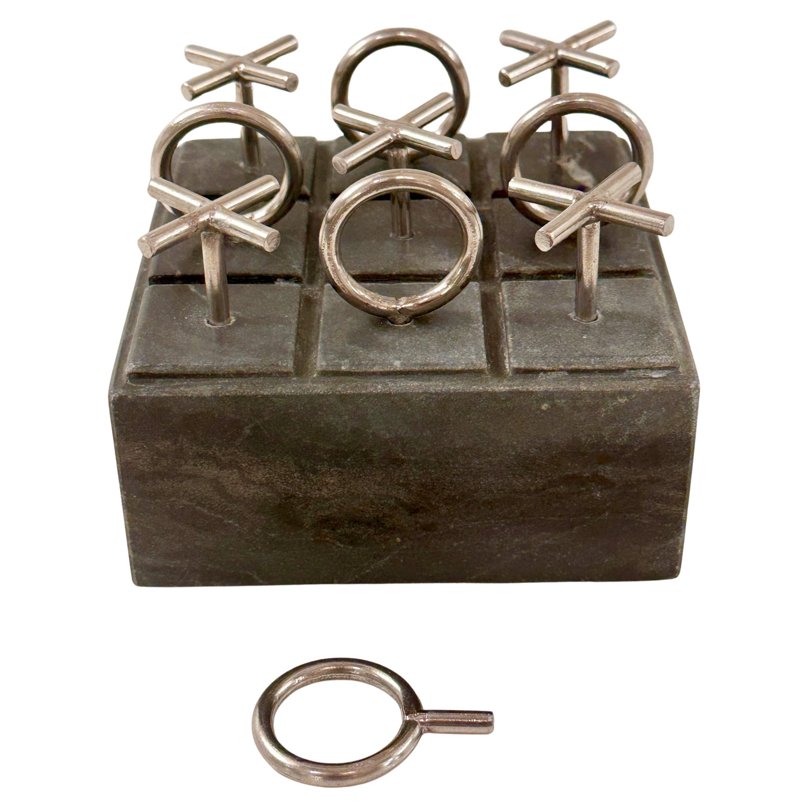 Curtis Jeré Chrome Plated Tic Tac Toe Set on Charcoal Black Marble Base, ca 70s