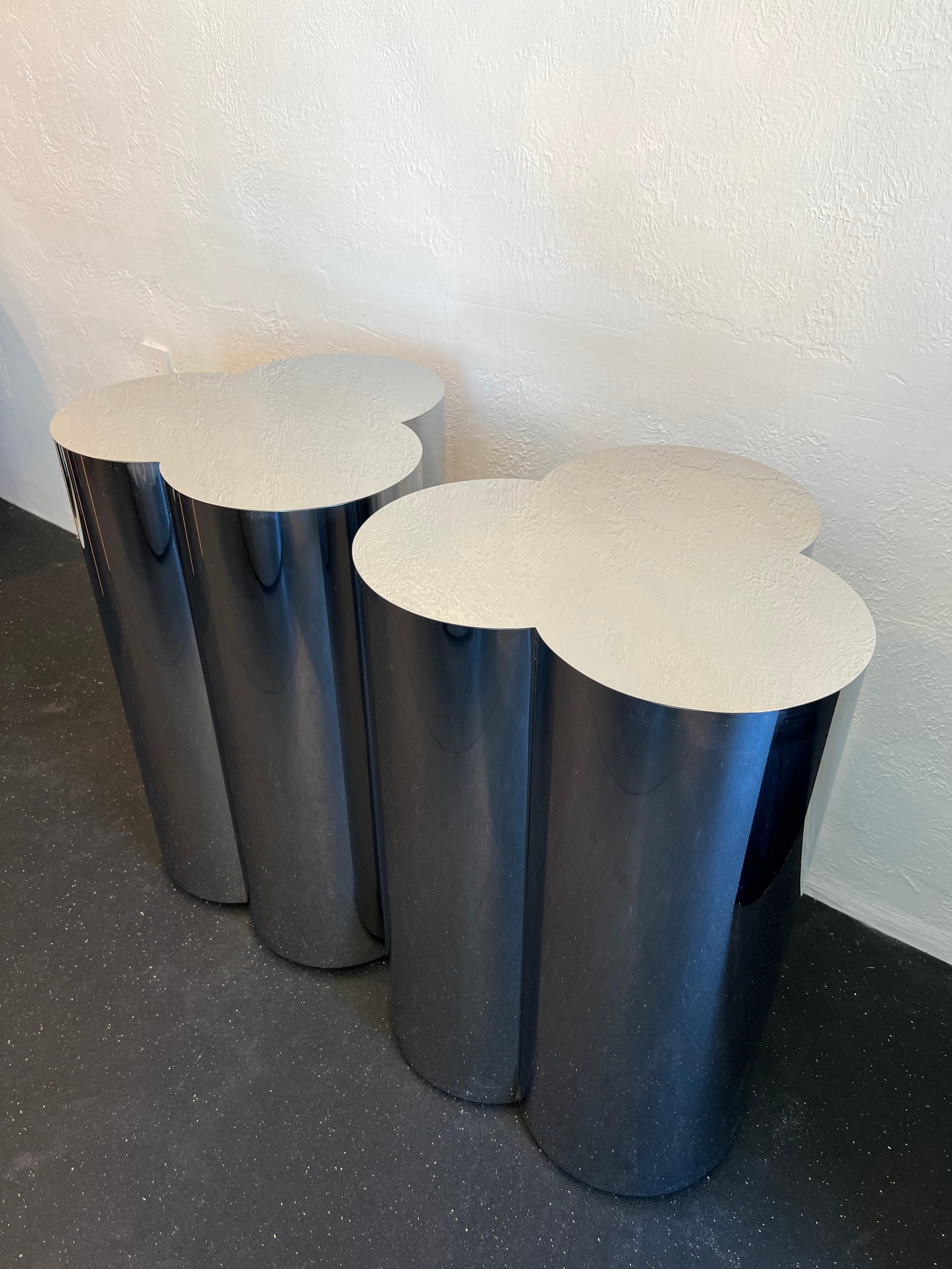 Pair of Curtis Jere chrome trefoil pedestal table bases. Unsigned. Rare pair of dining table height bases in excellent vintage condition. Adjustable screw in glides for range in height. 

Would work well in a variety of interiors such as modern,