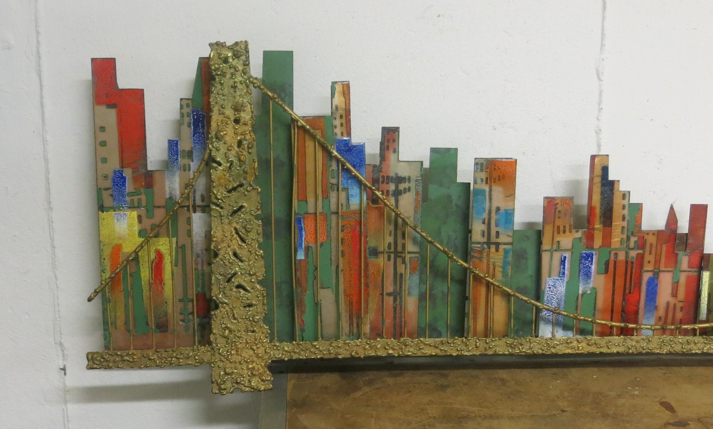 Curtis Jere Cityscape Brooklyn Bridge 1967 Signed Wall Sculpture In Good Condition In Newtown, CT