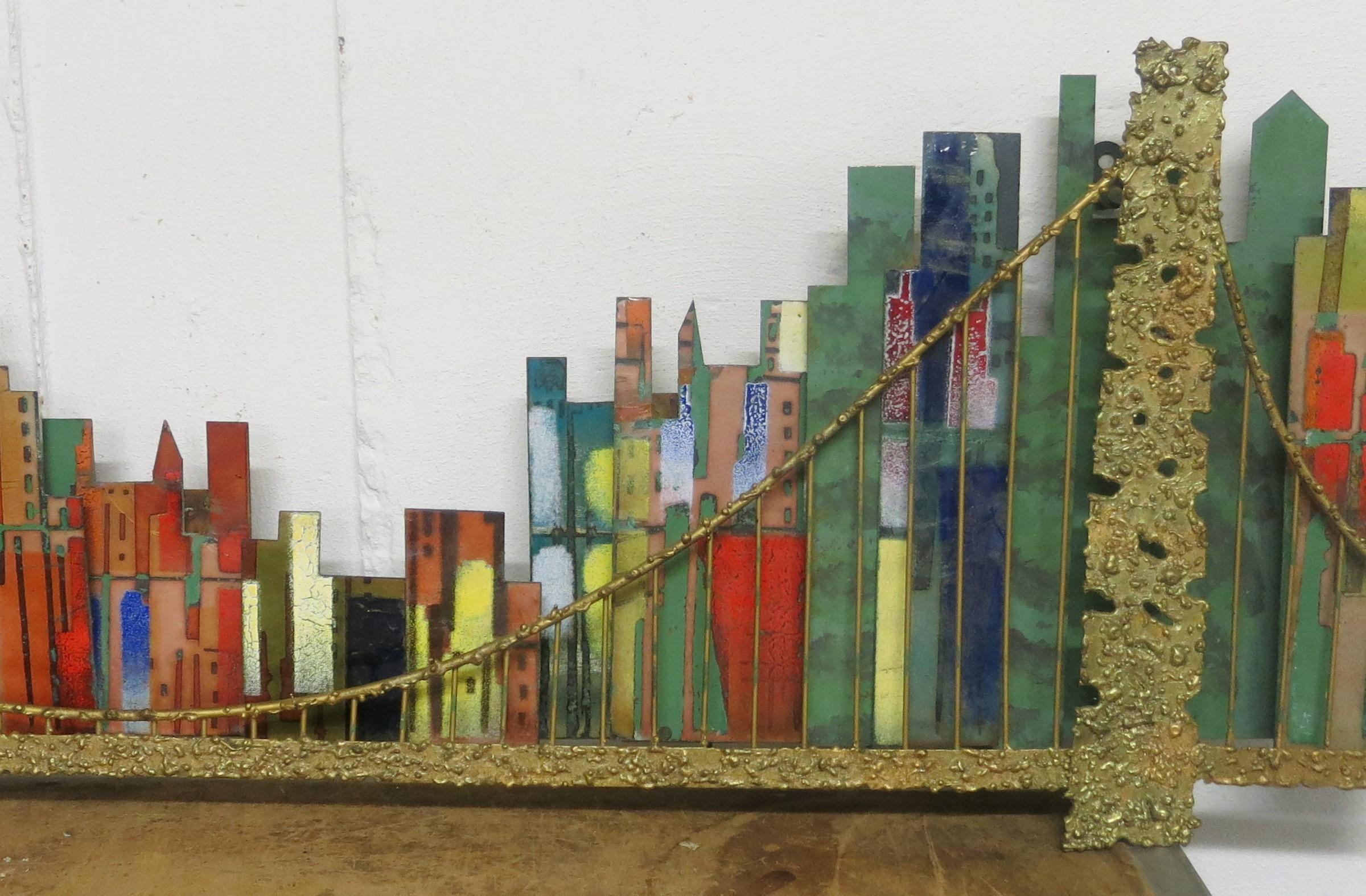 Mid-20th Century Curtis Jere Cityscape Brooklyn Bridge 1967 Signed Wall Sculpture