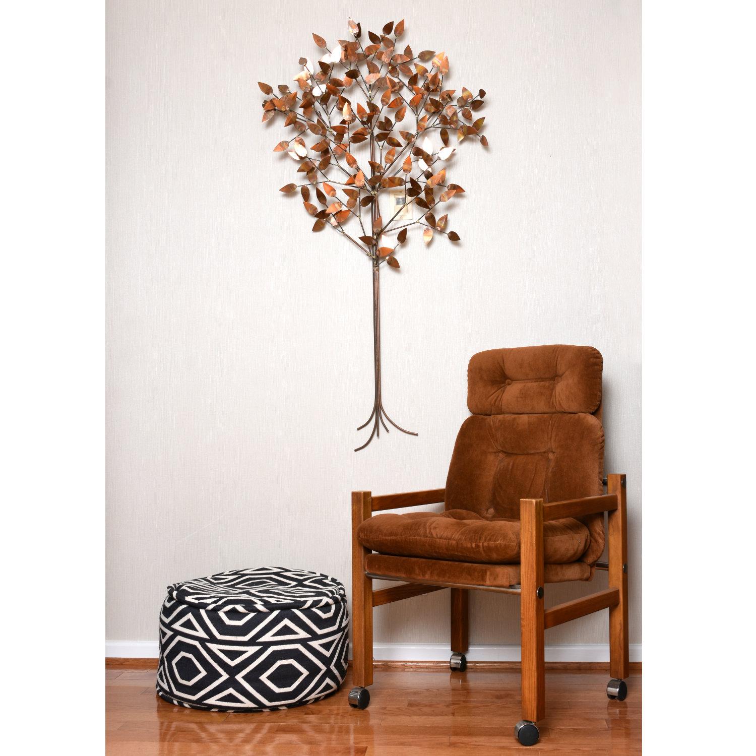Large scale vintage 1970s Curtis Jere brazed copper and brass tree sculpture. The 56″ tall sculpture easily mounts to the wall, creating a captivating focal point. One of the lower leaves is signed, C. Jere. Assembled with manual brazing. In other