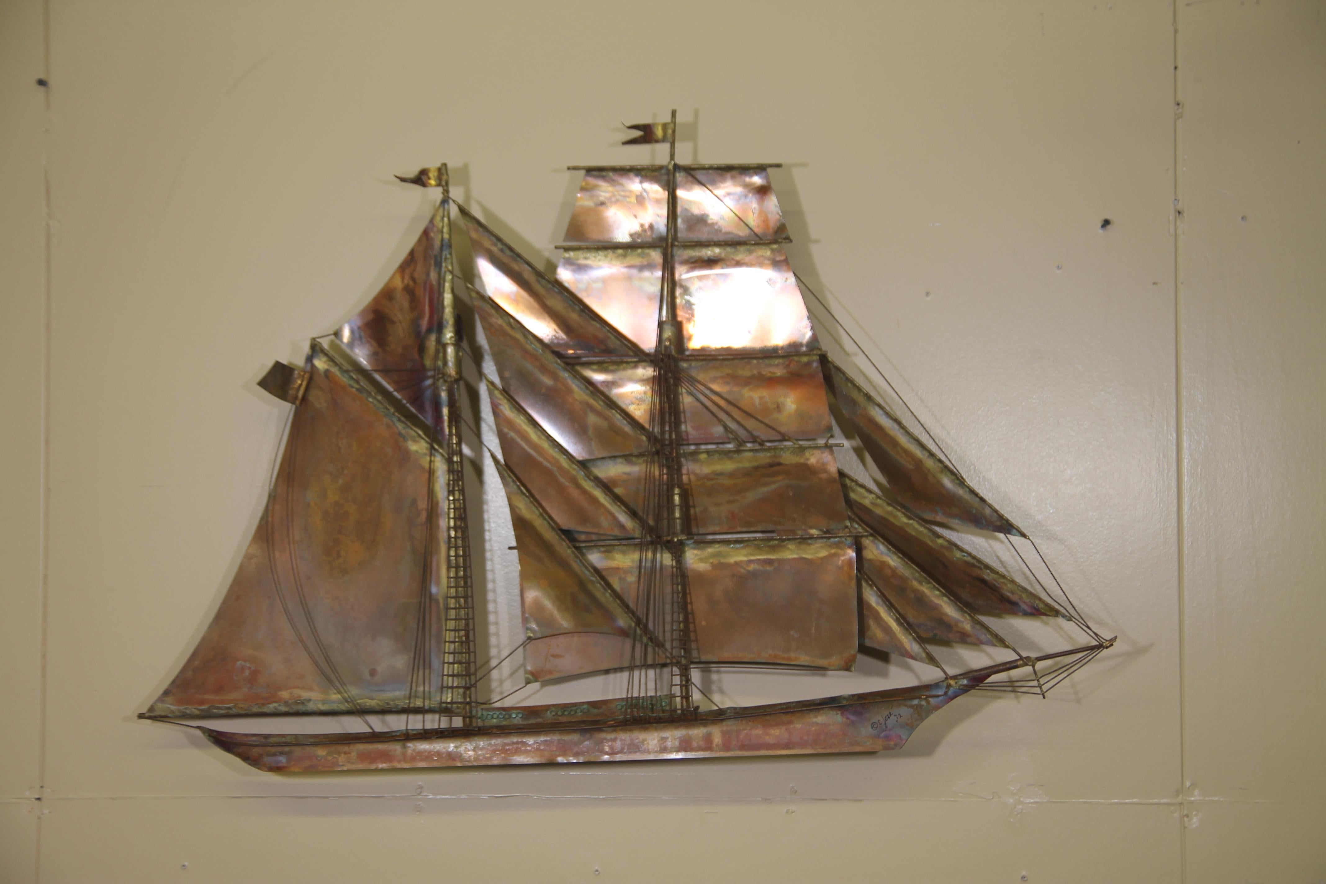 Great copper sailing ship by Curtis Jere dated and signed 1972. This large wall art has wonderful detail. Will look wonderful in any decor.
