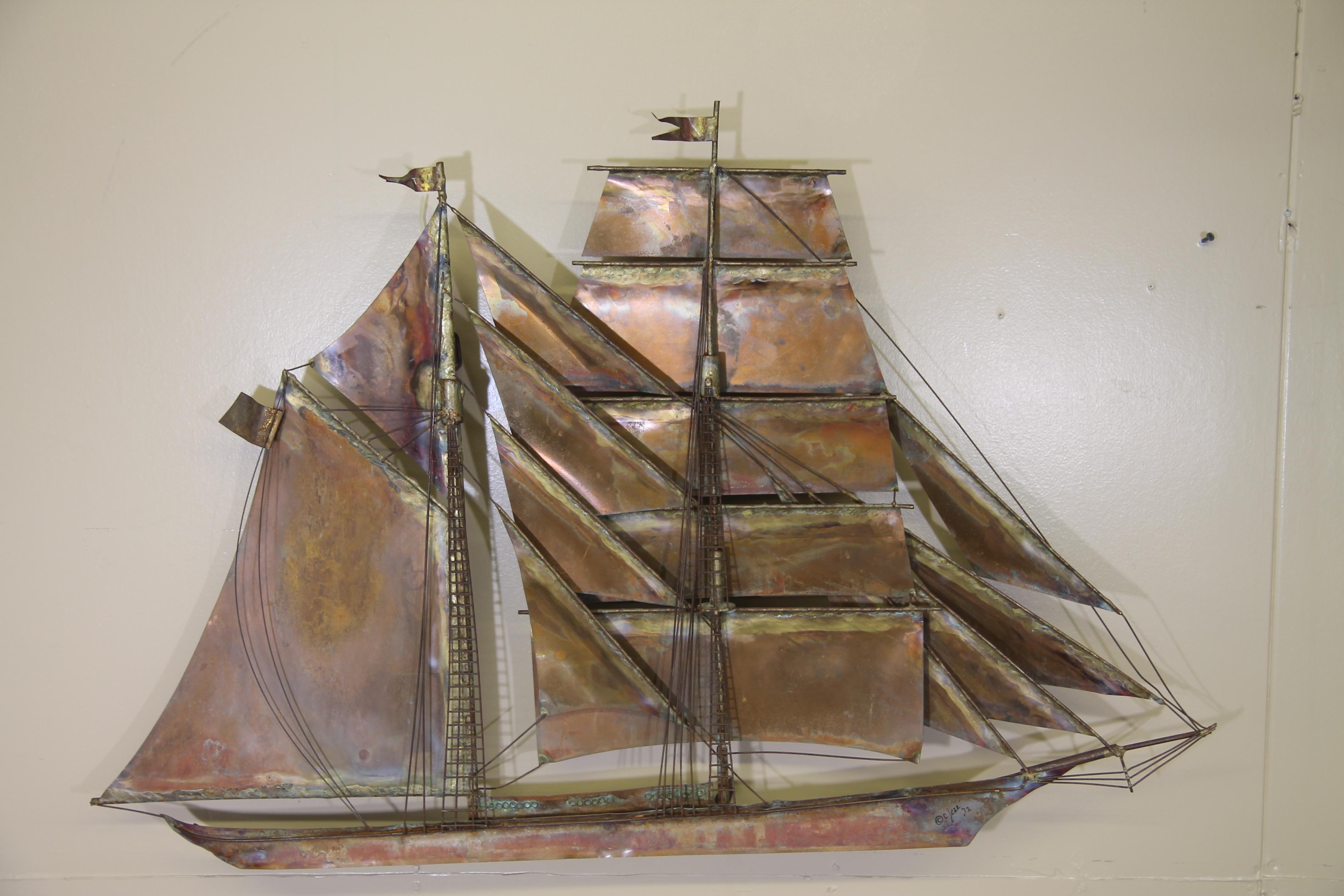 Mid-Century Modern Curtis Jere Copper Sailing Ship from 1972