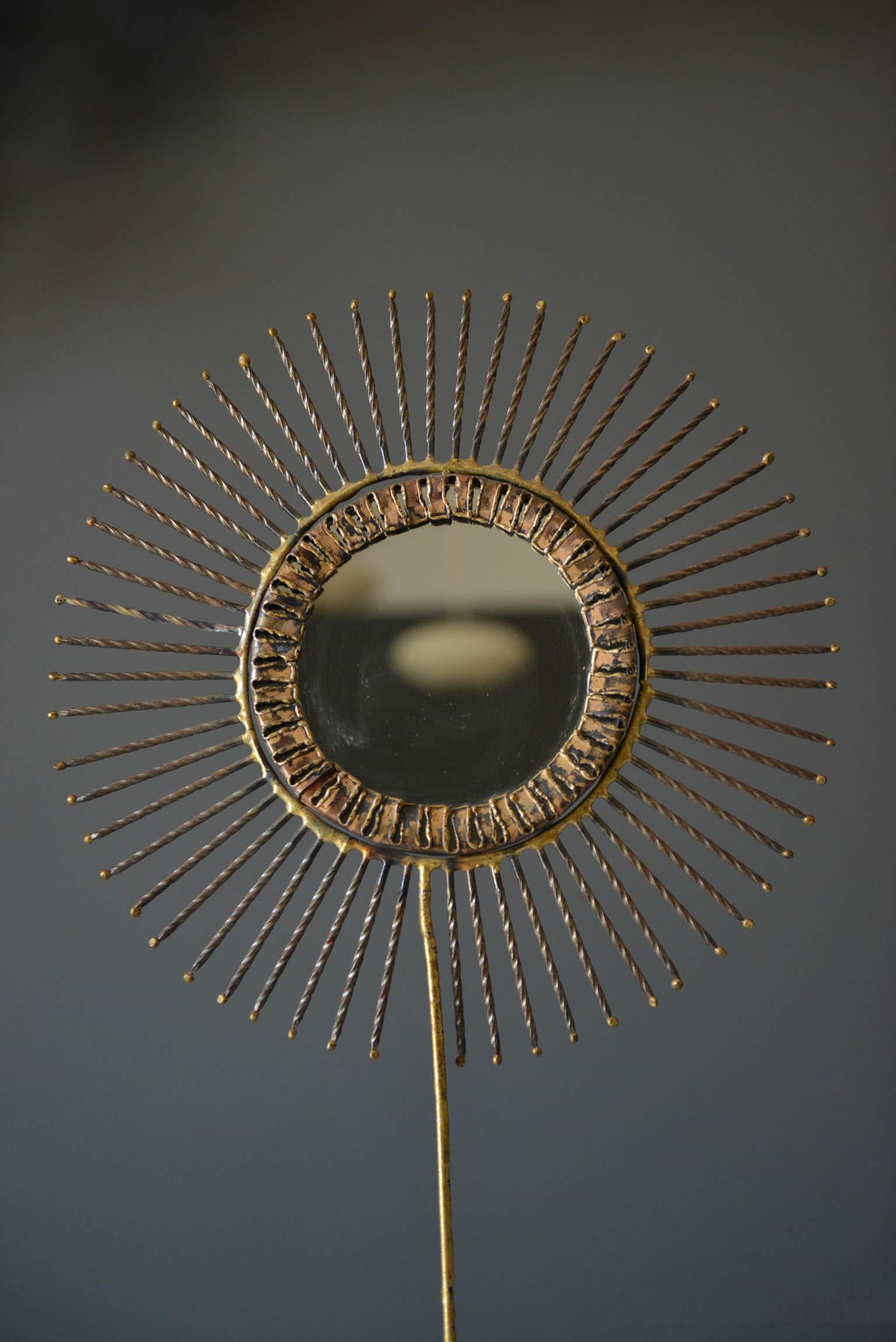 Rare Curtis Jere double-sided brass sunburst mirror, 1968. Signed by the artist. Excellent vintage condition. Rare, some say these were never actually put into full production but created as a custom order for a few clients. Mirror is double sided