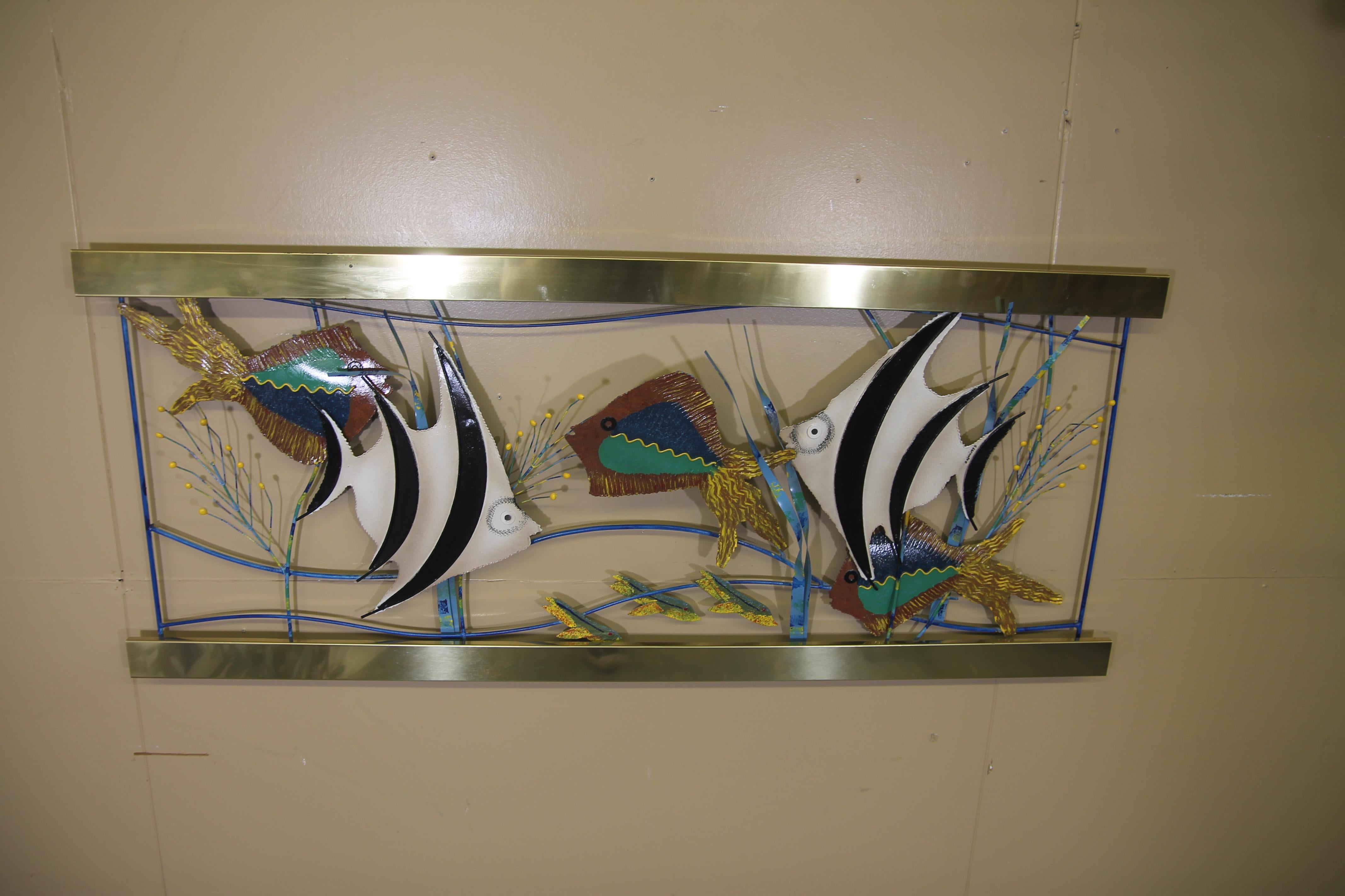 Modern Curtis Jere Fish Aquarium Made of Brass and Painted Metal from 1993 For Sale