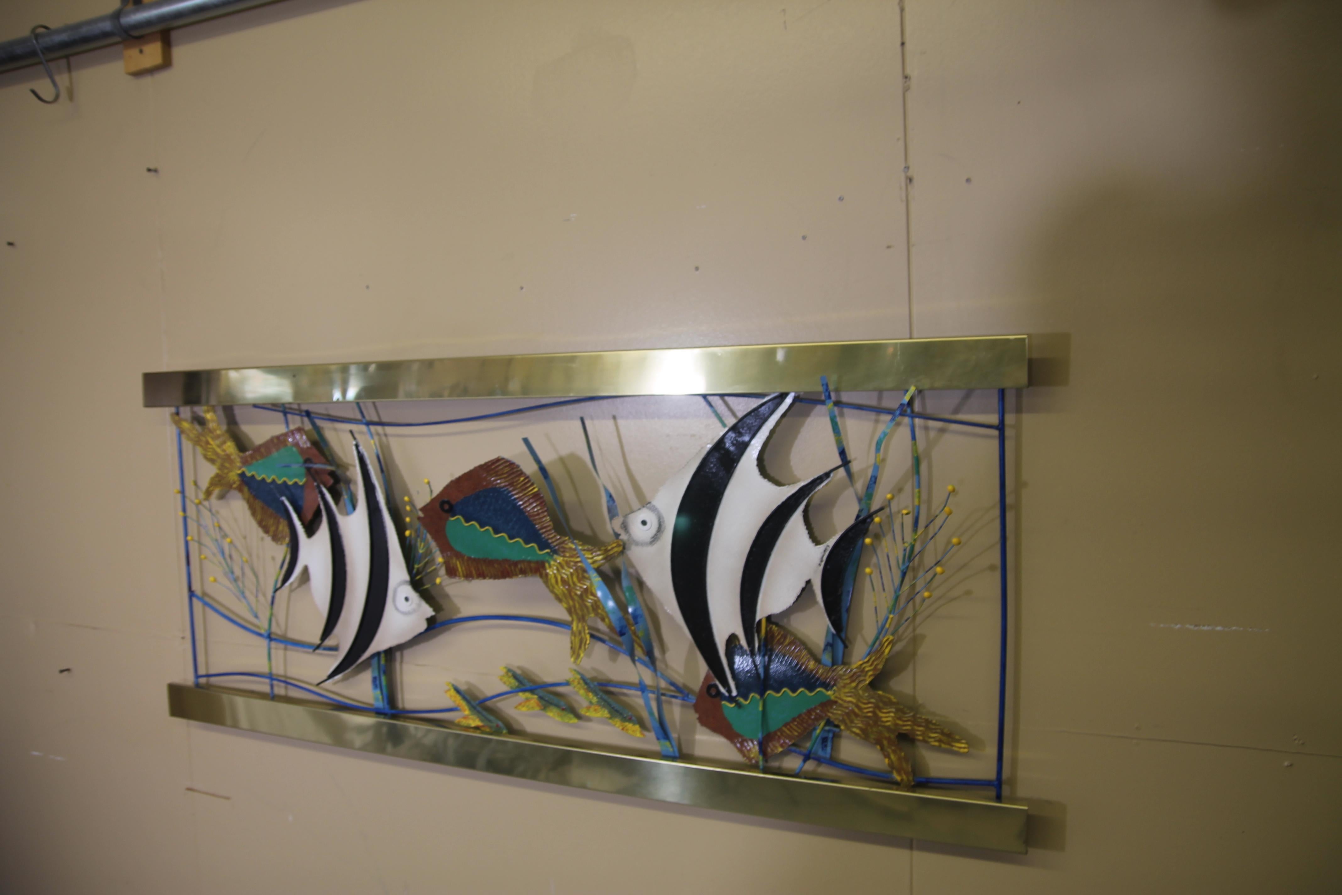 Late 20th Century Curtis Jere Fish Aquarium Made of Brass and Painted Metal from 1993 For Sale