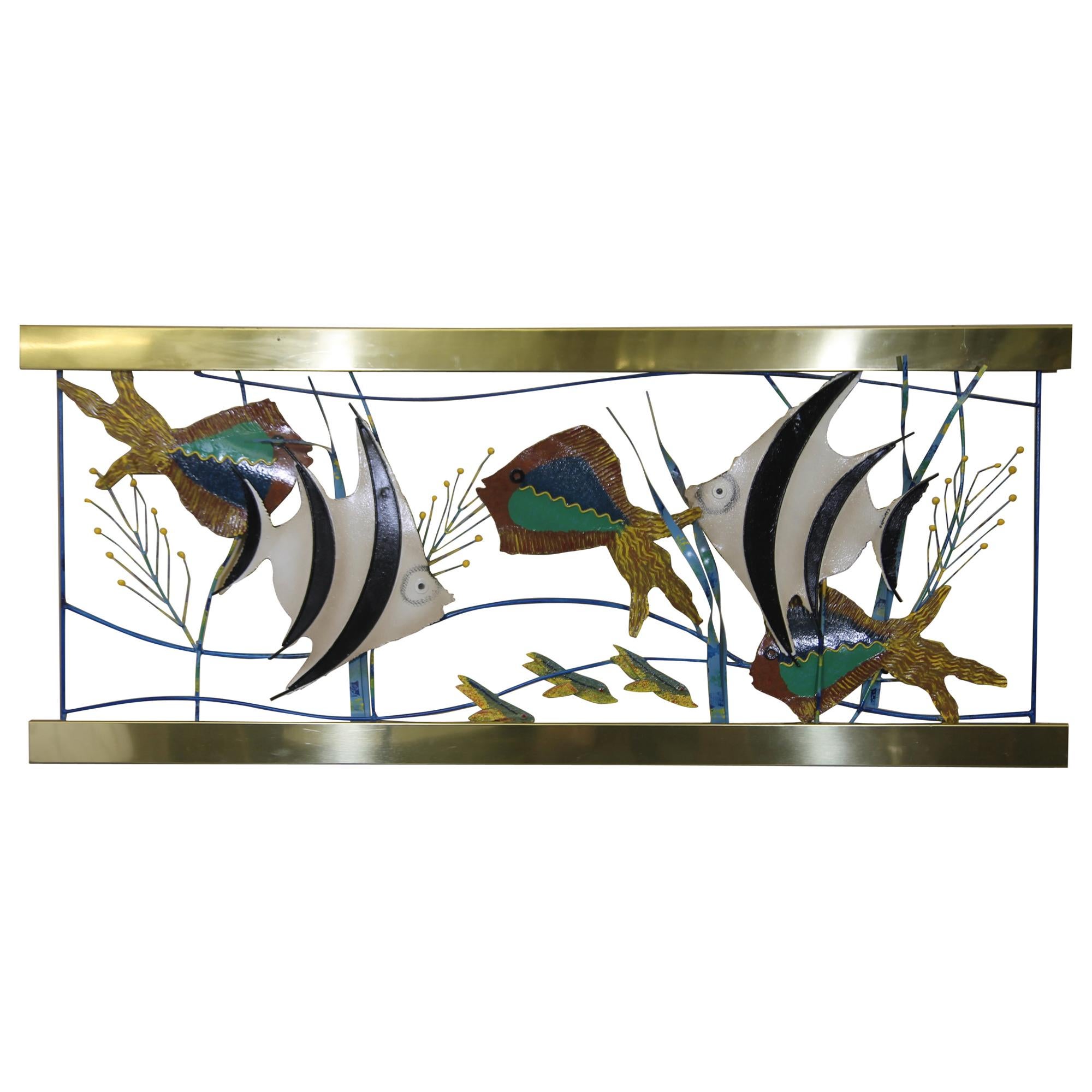 Curtis Jere Fish Aquarium Made of Brass and Painted Metal from 1993 For Sale