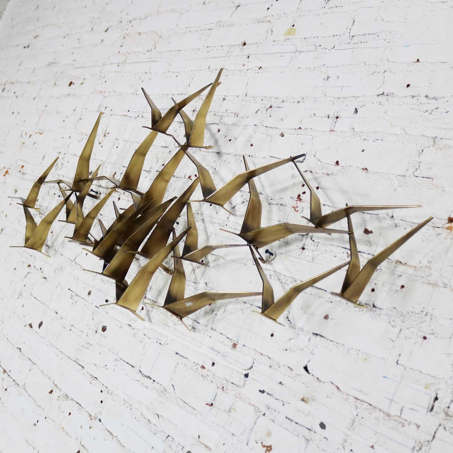 Brutalist Curtis Jere Flock of Flying Birds Metal Wall Hanging Sculpture Signed Dated 1989