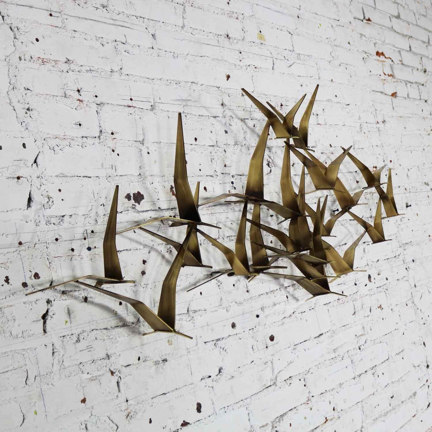 20th Century Curtis Jere Flock of Flying Birds Metal Wall Hanging Sculpture Signed Dated 1989