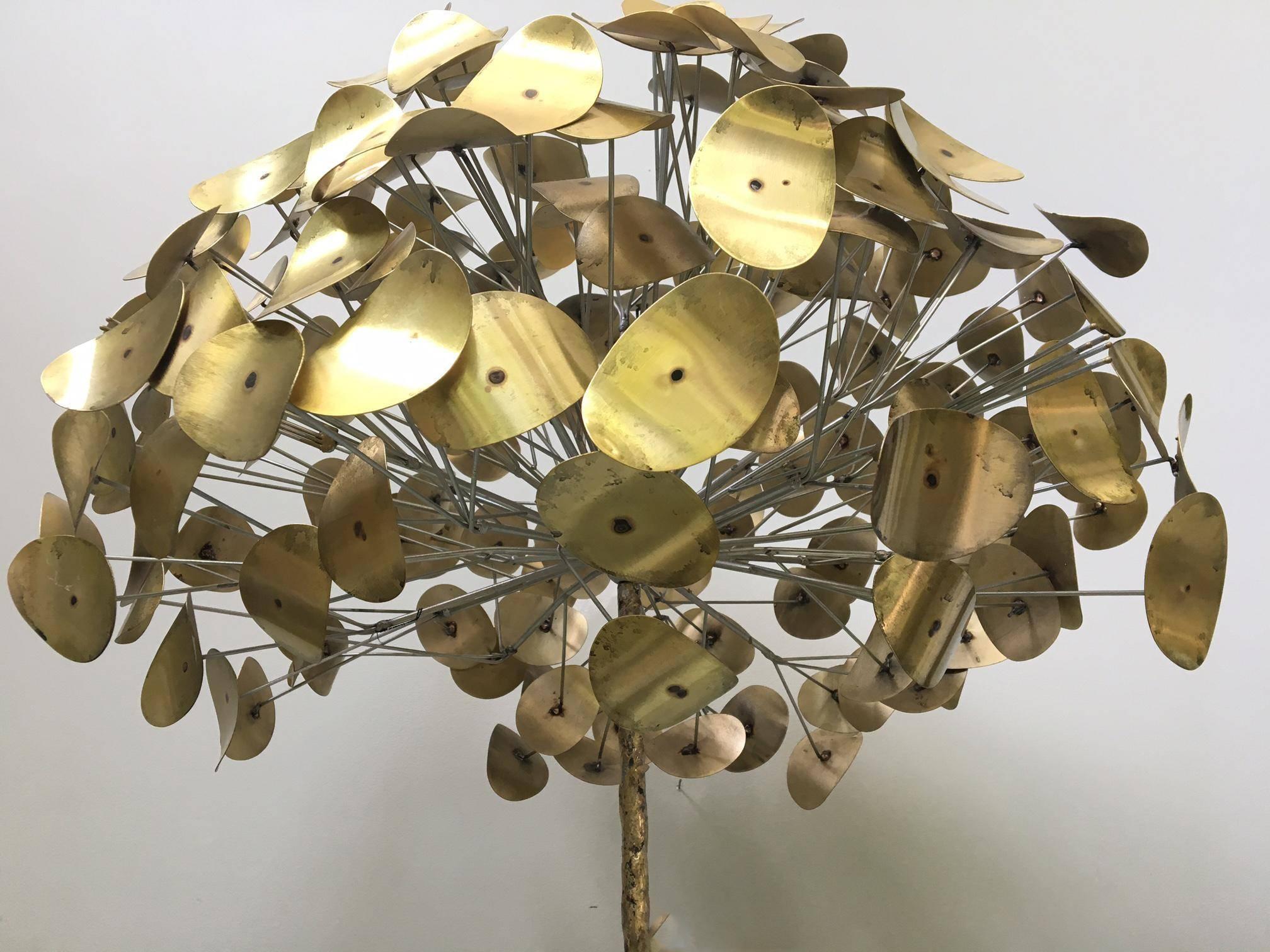 Rare Mid-Century Modern tree sculpture by C. Jere from the Raindrop series. In an exclusive partnership with Jonathan Adler, the sculpture was reissued by the Jere studio in very limited numbers. Brass leaves on steel rods mounted in a black plinth
