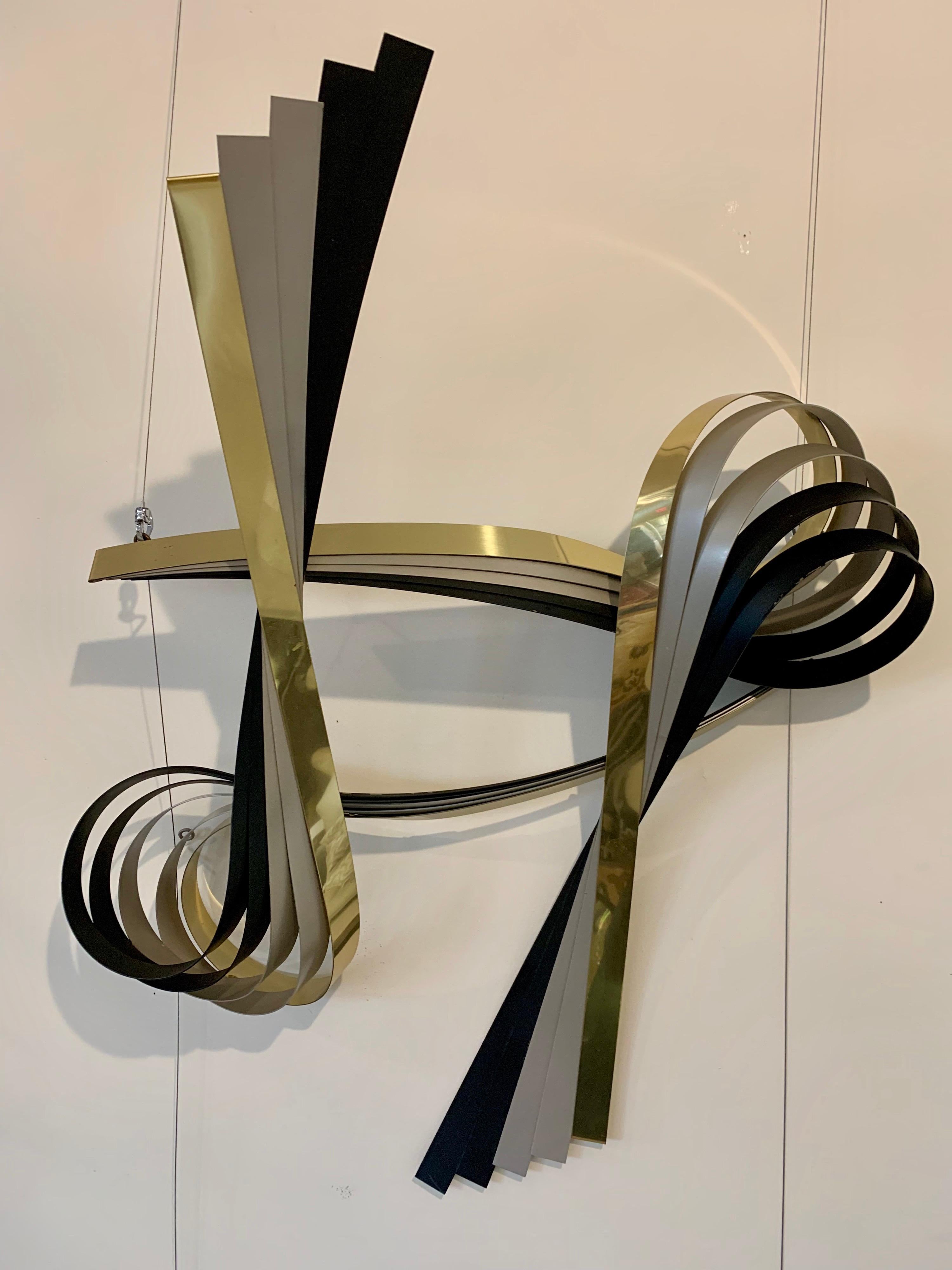 Brutalist Curtis Jere Hanging Brass and Chrome Large Ribbon Wall Sculpture