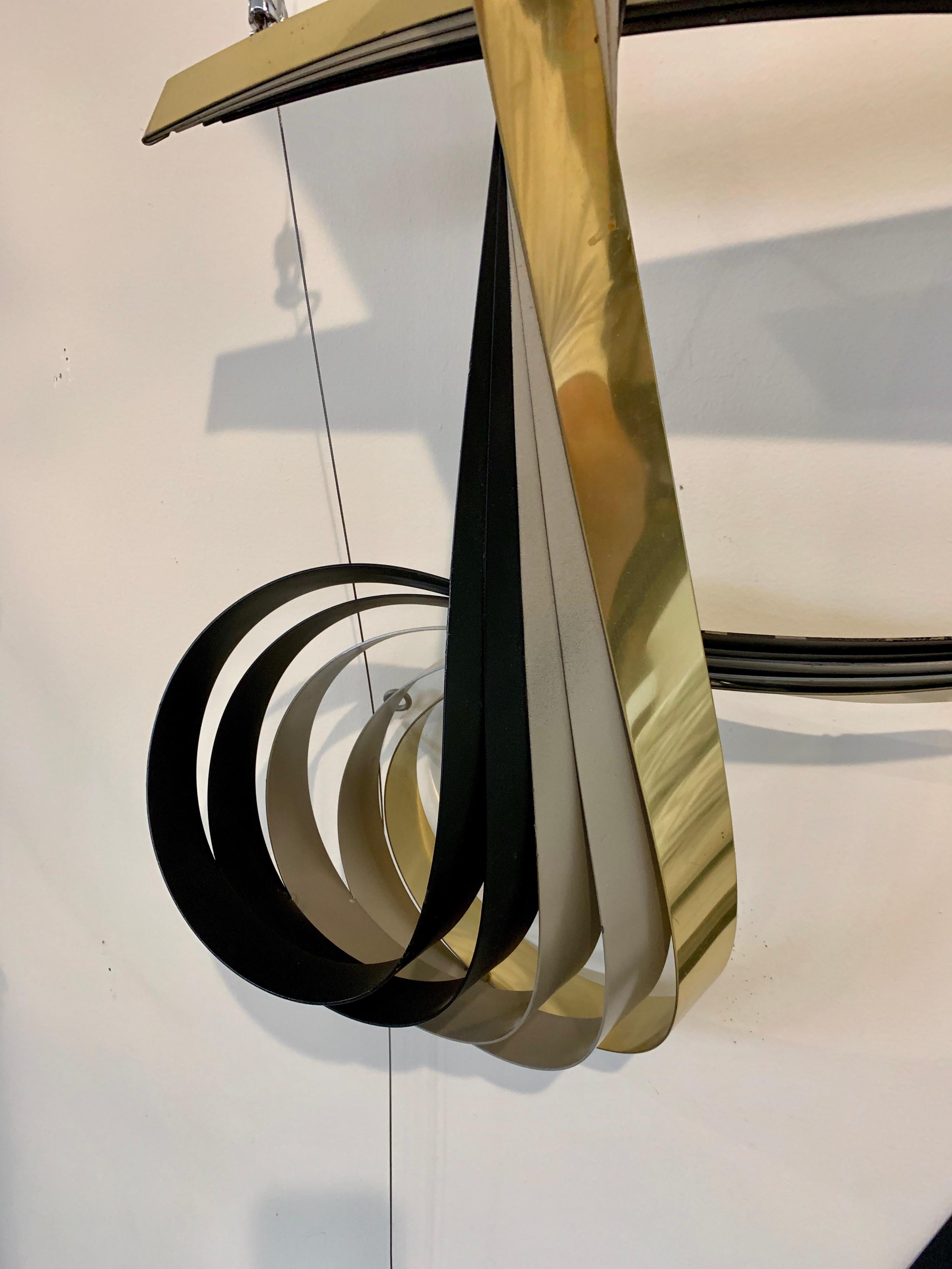 Curtis Jere Hanging Brass and Chrome Large Ribbon Wall Sculpture In Good Condition In West Hartford, CT