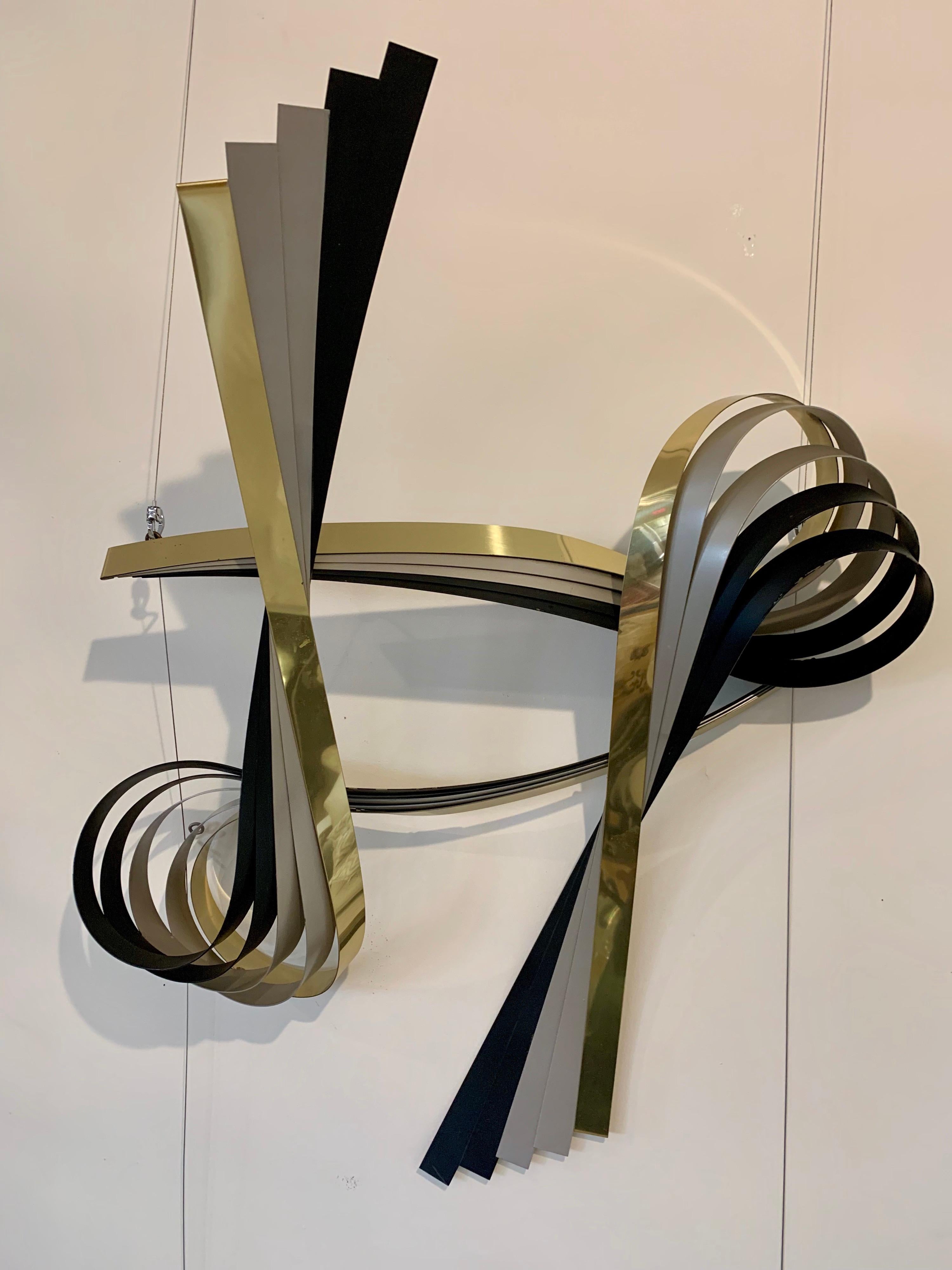 Curtis Jere Hanging Brass and Chrome Large Ribbon Wall Sculpture 1
