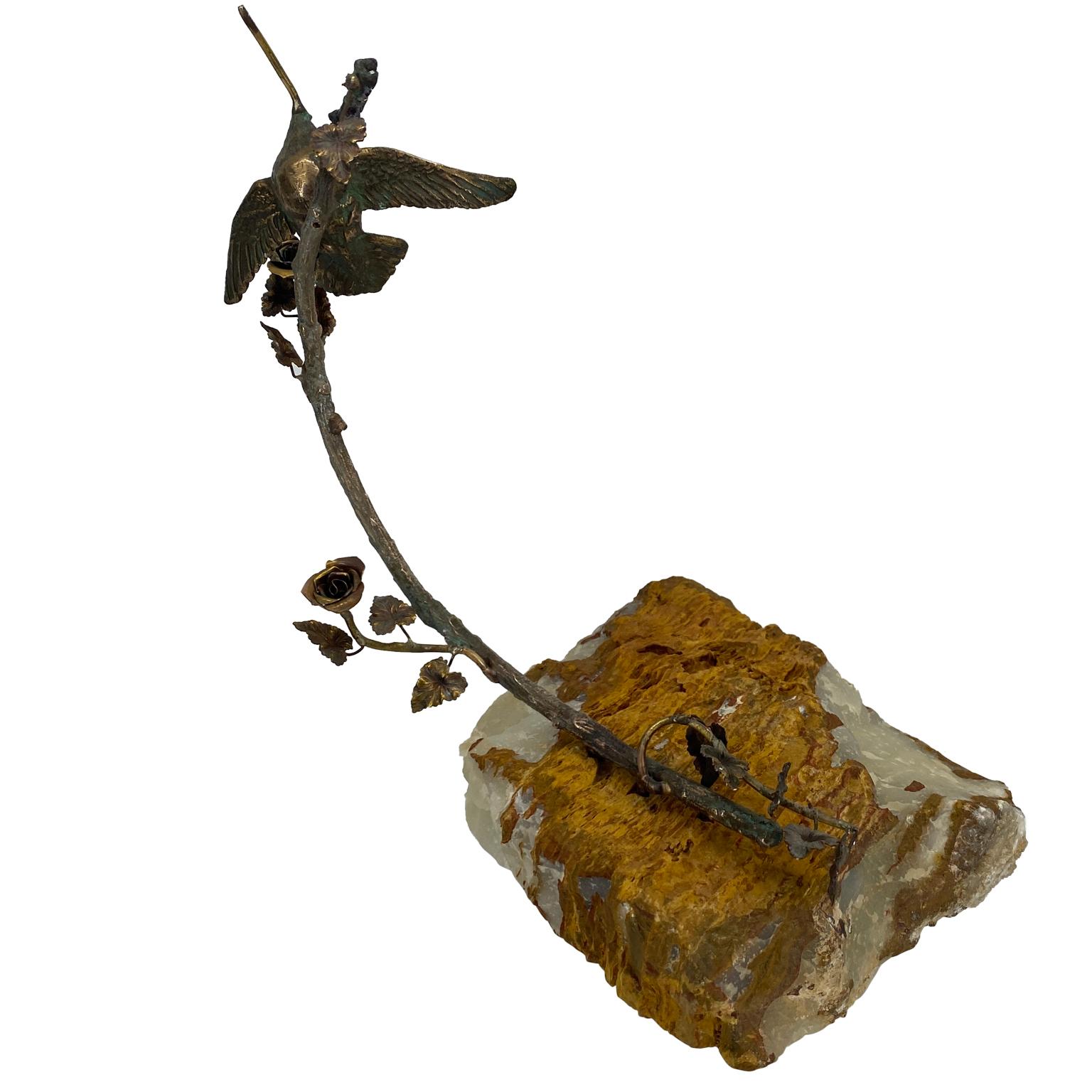 American Curtis Jere Honeybird Sculpture on Faux Bois Stone Quartz Base For Sale