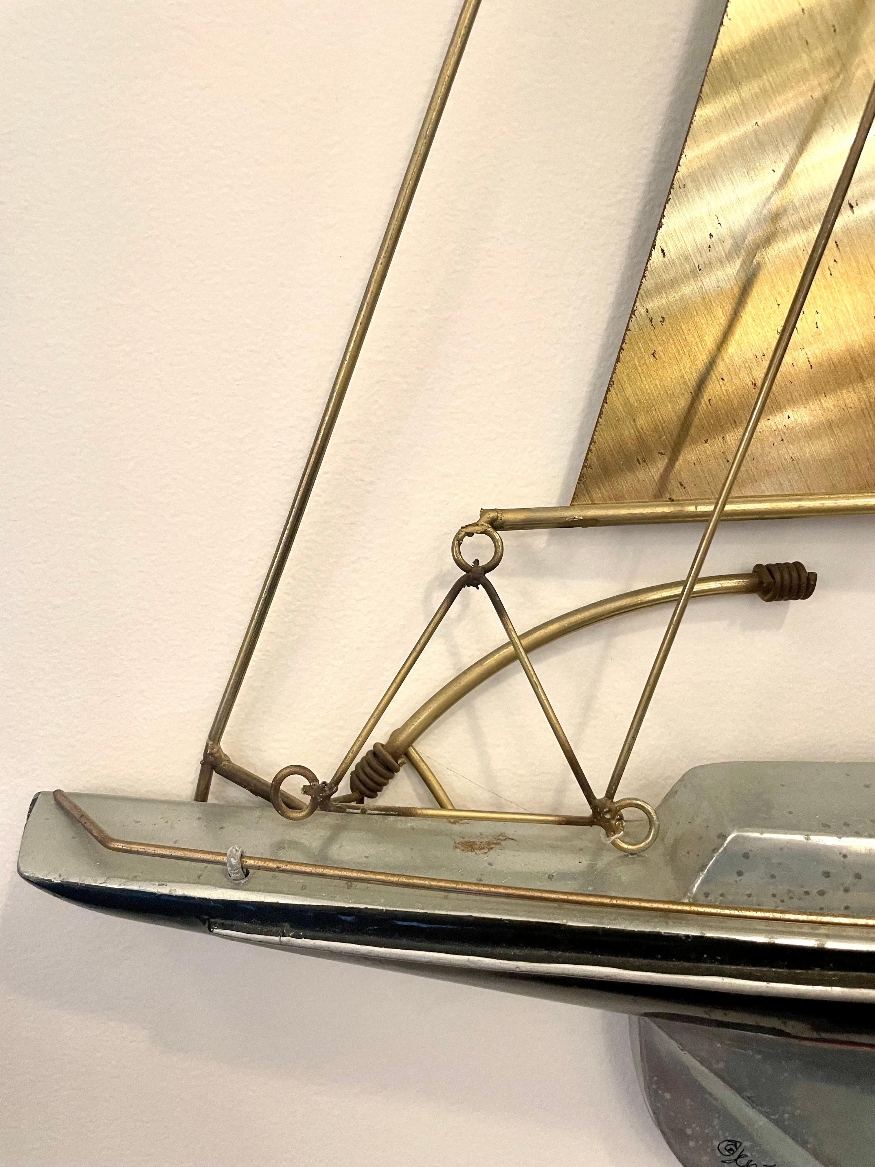 American Curtis Jere Large Brass and Aluminum Sail Boat Wall Sculpture