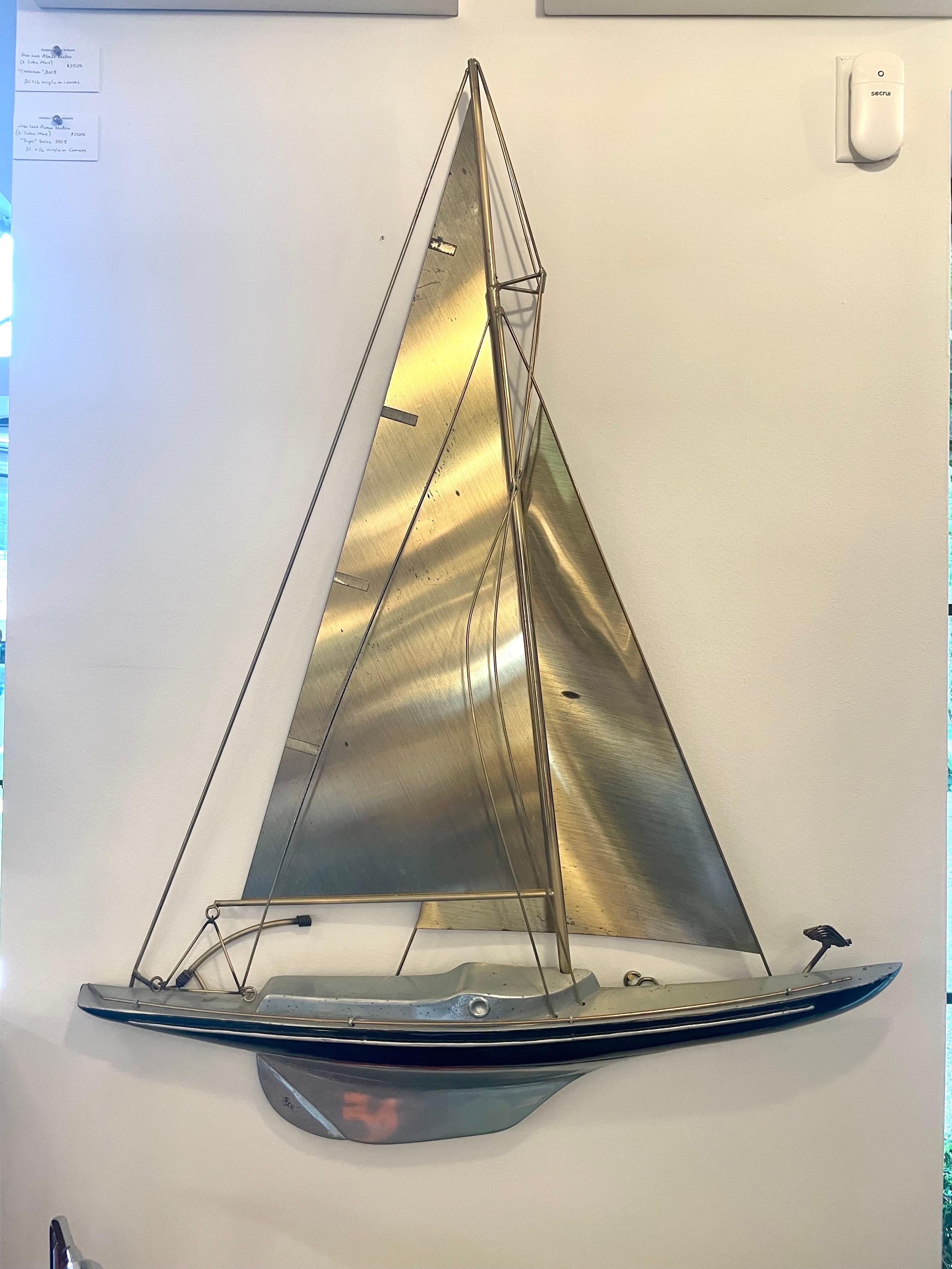 Curtis Jere Large Brass and Aluminum Sail Boat Wall Sculpture In Good Condition In East Hampton, NY