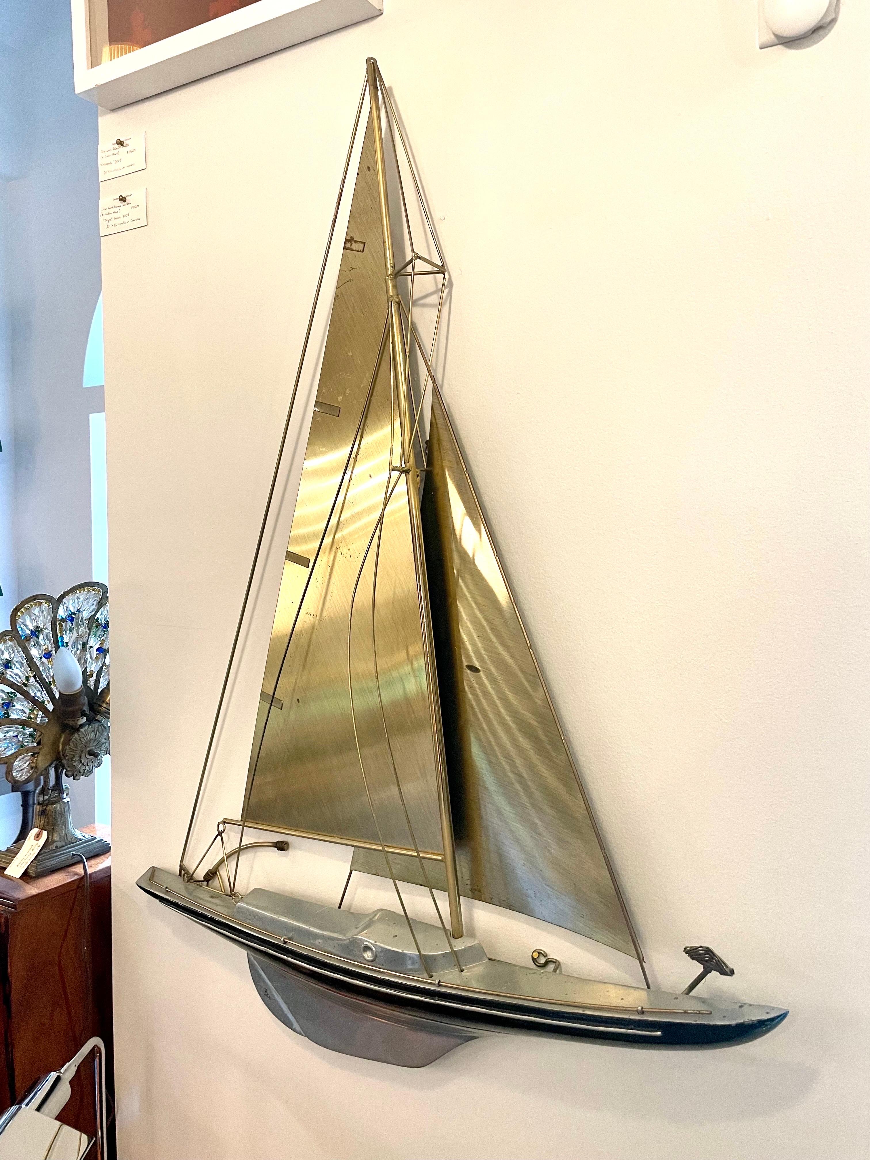 Late 20th Century Curtis Jere Large Brass and Aluminum Sail Boat Wall Sculpture