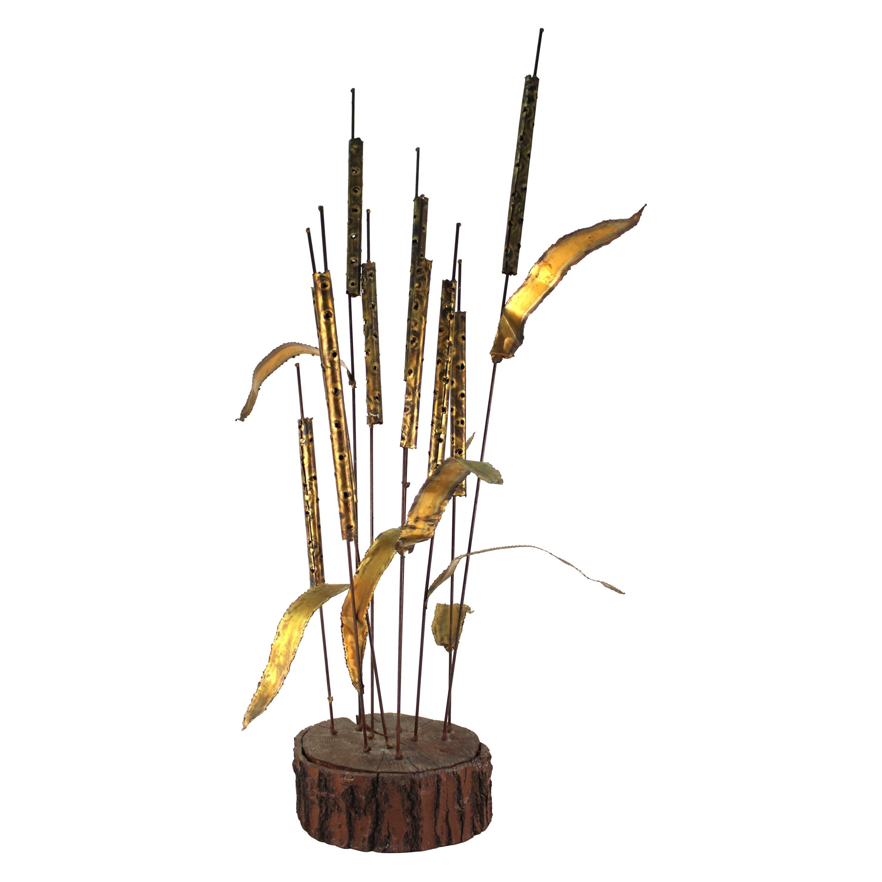 Curtis Jere Manner Mid-Century Modern Cattail Sculpture on Wood Base For Sale