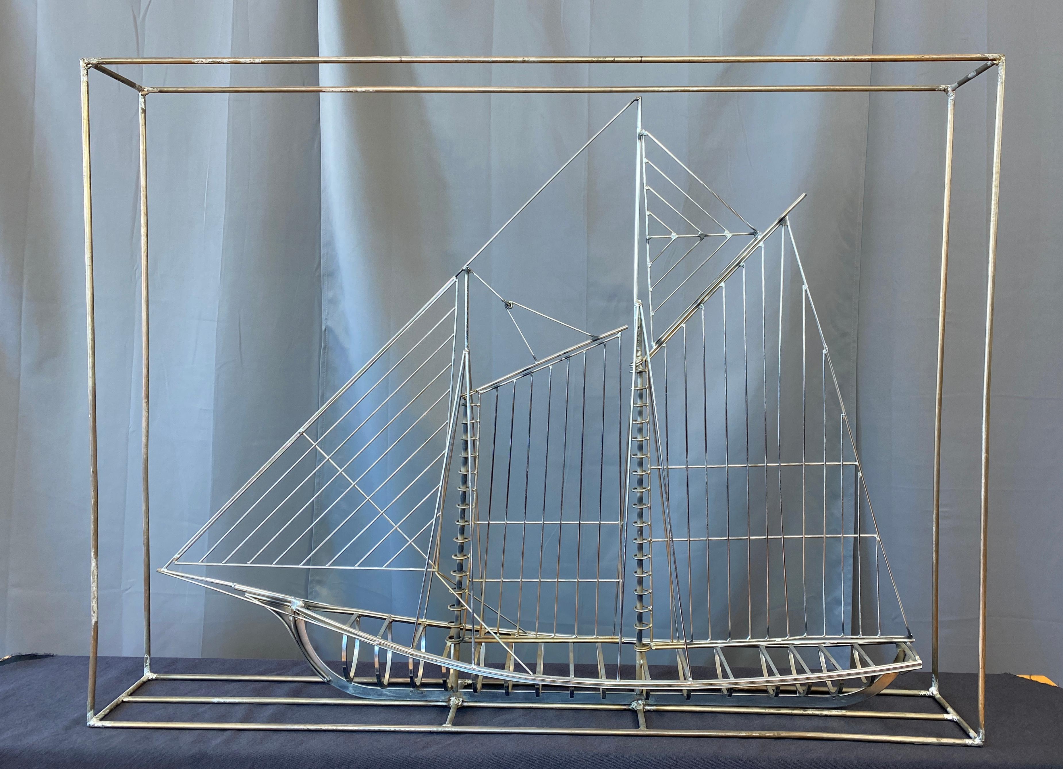 A monumental free-standing metal ship sculpture by Curtis Jeré, signed. 

Crafted out of shaped and welded steel rods, it resembles an architectural line drawing of a clipper ship rendered in 3-D. Features a rarely seen “box” frame within which