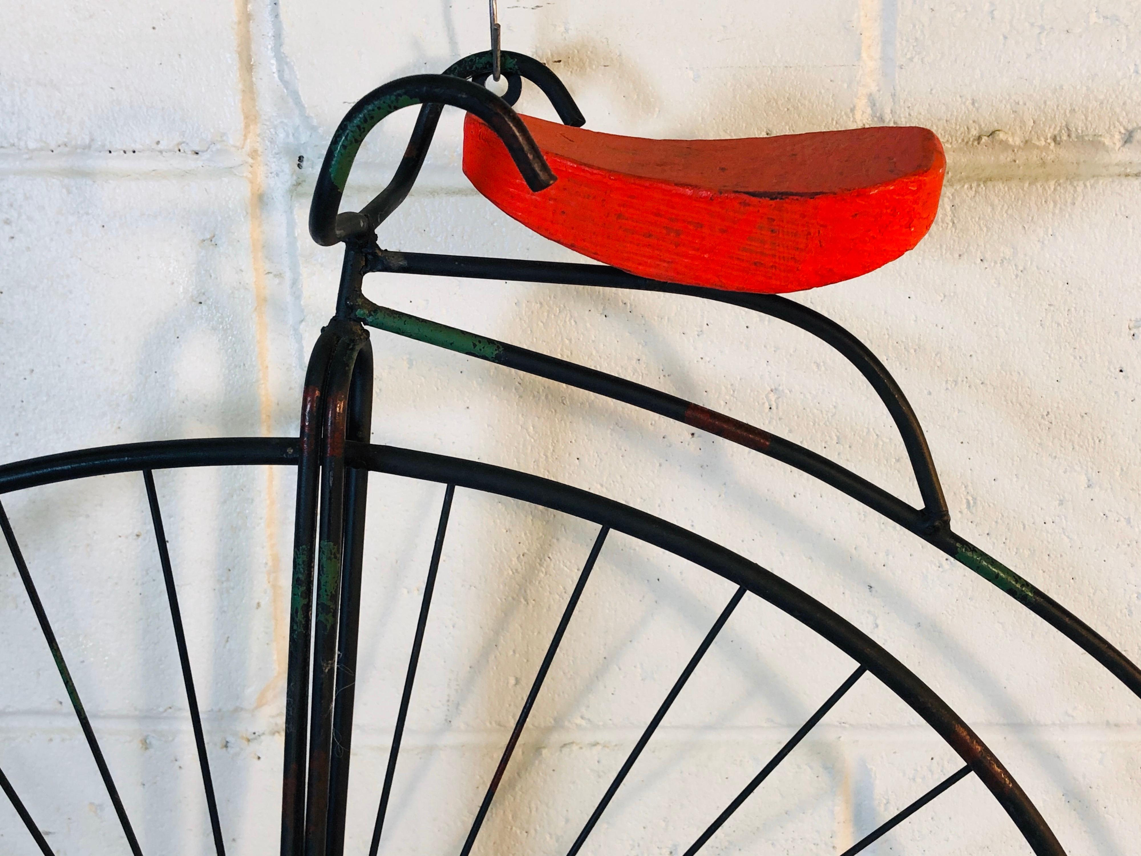Mid-Century Modern Curtis Jere Metal and Red Seat Penny Farthing Bicycle Wall Sculpture 1982 Signed For Sale