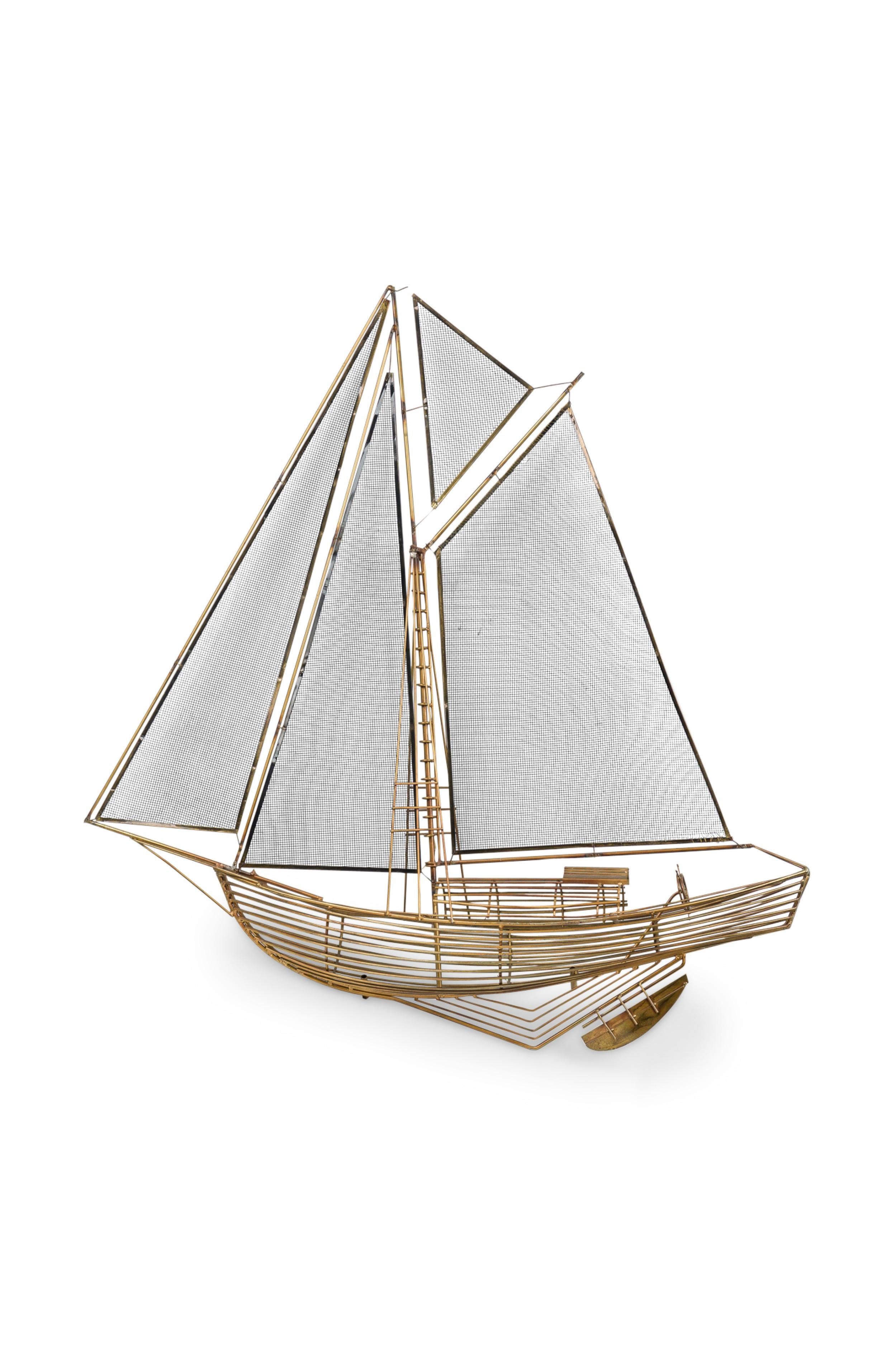 Mid-Century American brass wire wall-mounted model of a 3-sail ship with soldered metal mesh. (signed, CURTIS JERE)
 

 Some wear to finish
