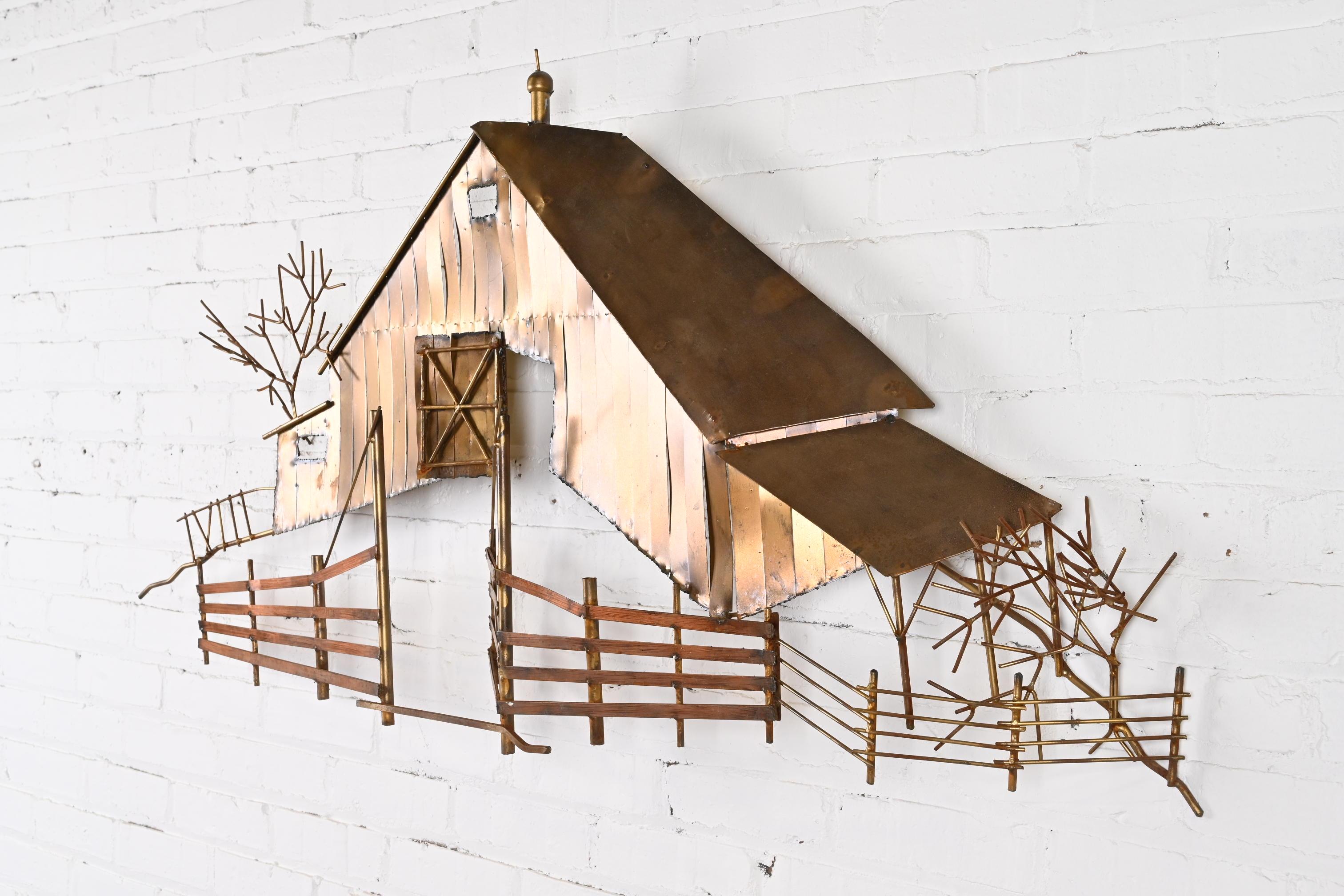 American Curtis Jere Mid-Century Brutalist Barn Landscape Wall-Mounted Metal Sculpture