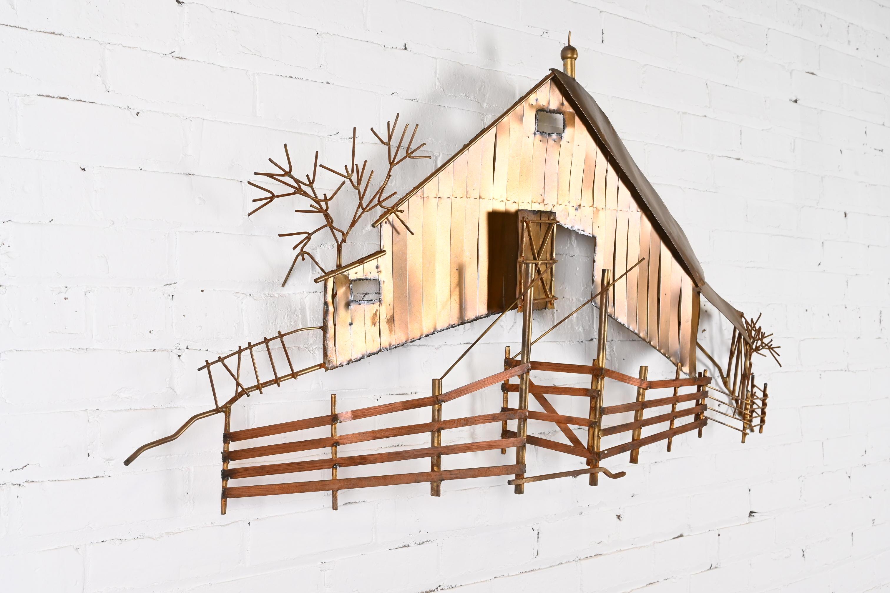 Curtis Jere Mid-Century Brutalist Barn Landscape Wall-Mounted Metal Sculpture In Good Condition In South Bend, IN