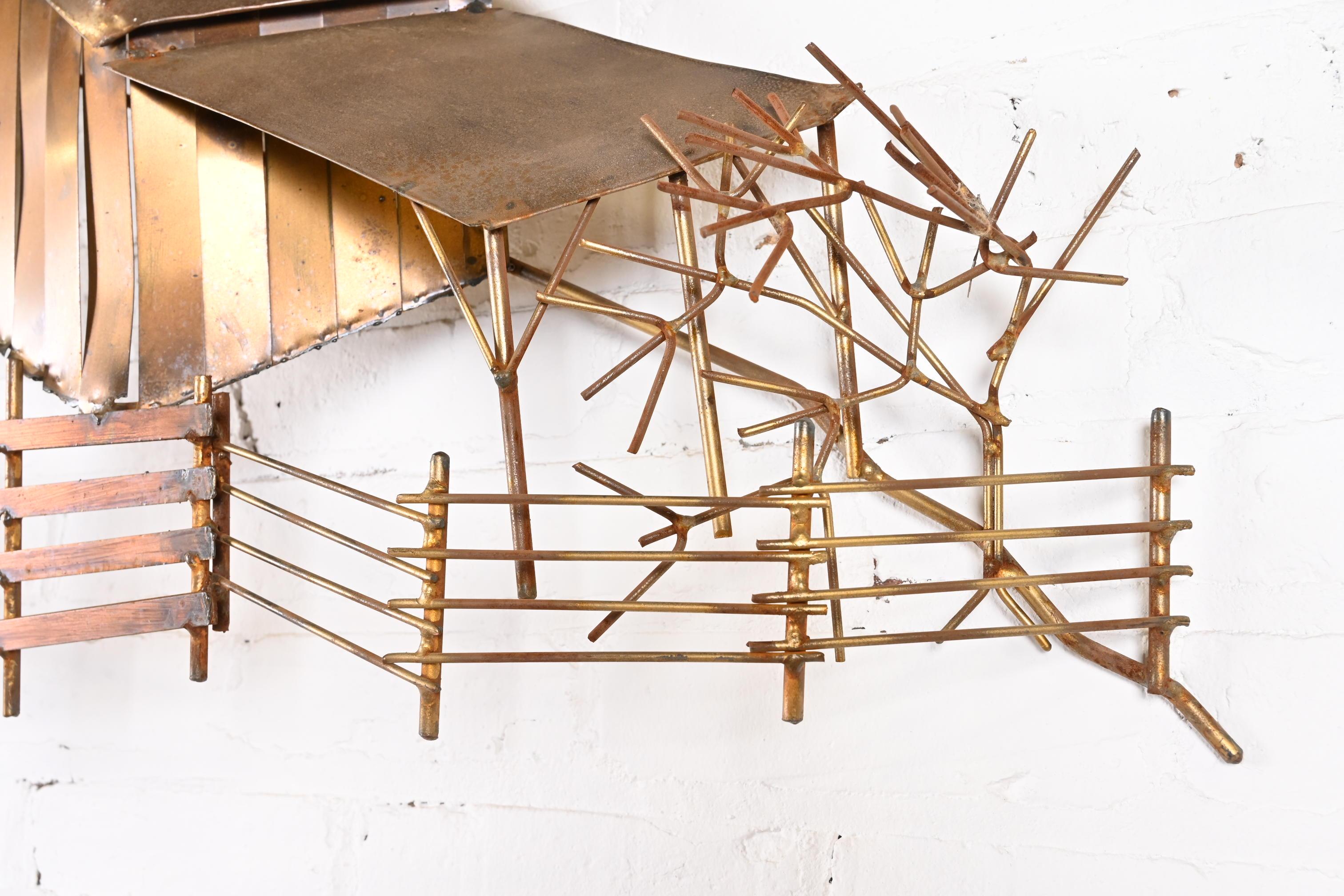 Curtis Jere Mid-Century Brutalist Barn Landscape Wall-Mounted Metal Sculpture 1