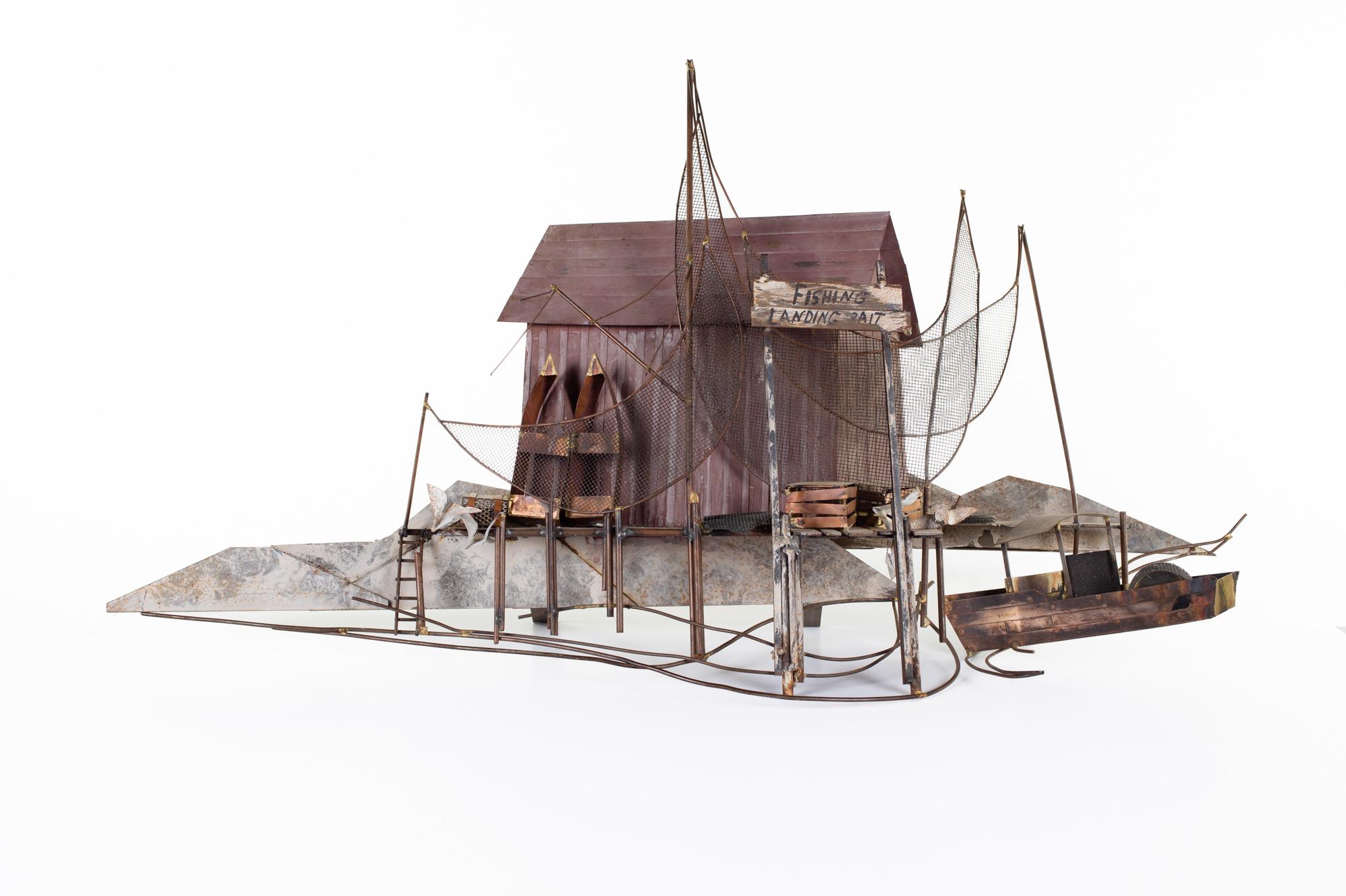 Mid-Century Modern Curtis Jere Mid Century Fishing Village Metal Sculpture For Sale