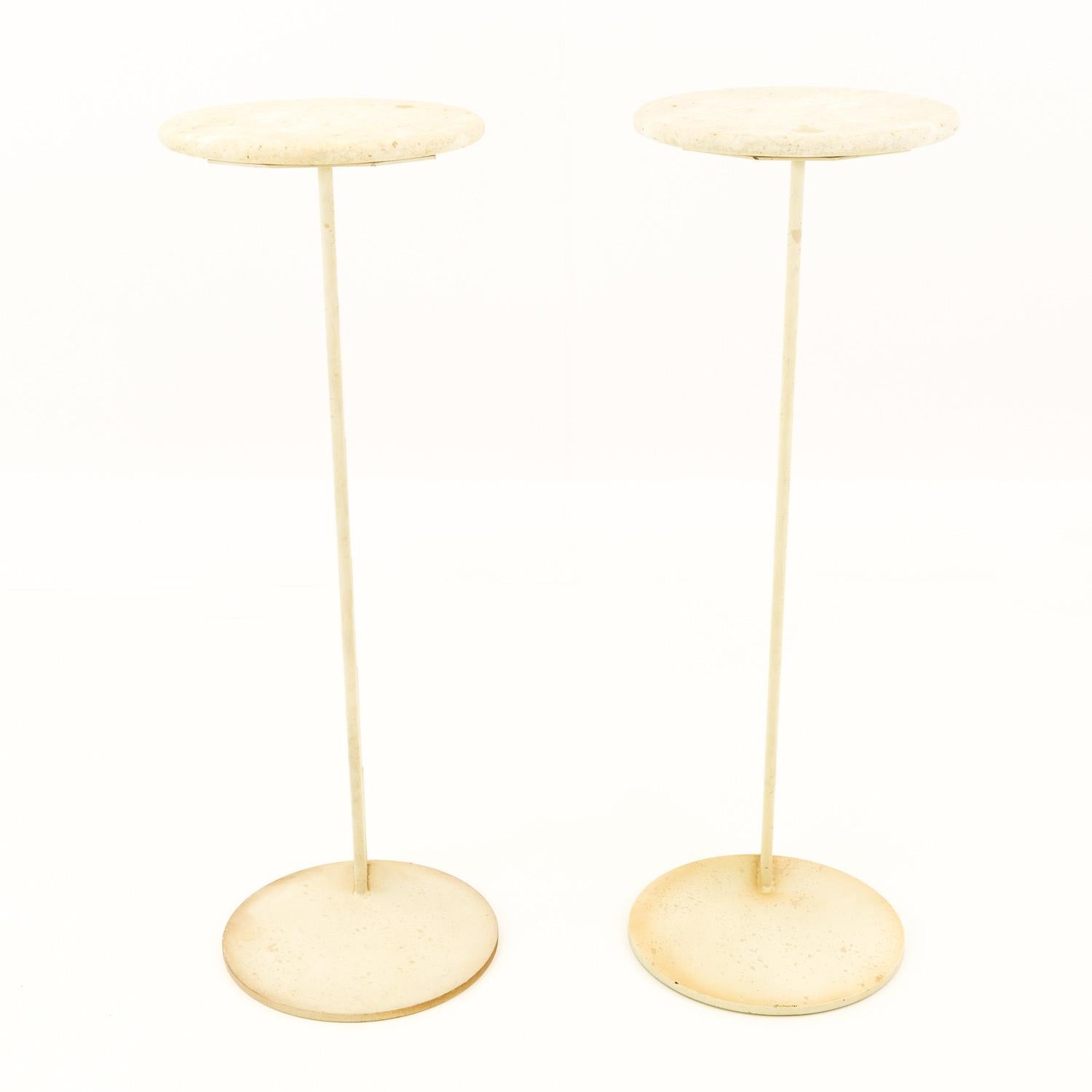 Curtis Jere Mid Century white marble pedestal stands, pair
These stands each measure: 12 wide x 12 deep x 36 inches high

All pieces of furniture can be had in what we call restored vintage condition. That means the piece is restored upon purchase