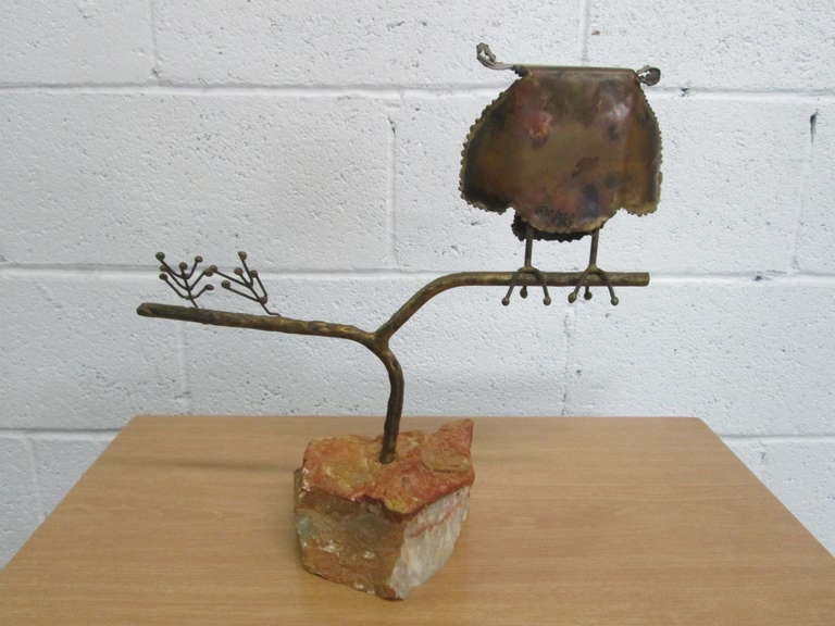 American Curtis Jere Owl Sculpture on Stone Base For Sale