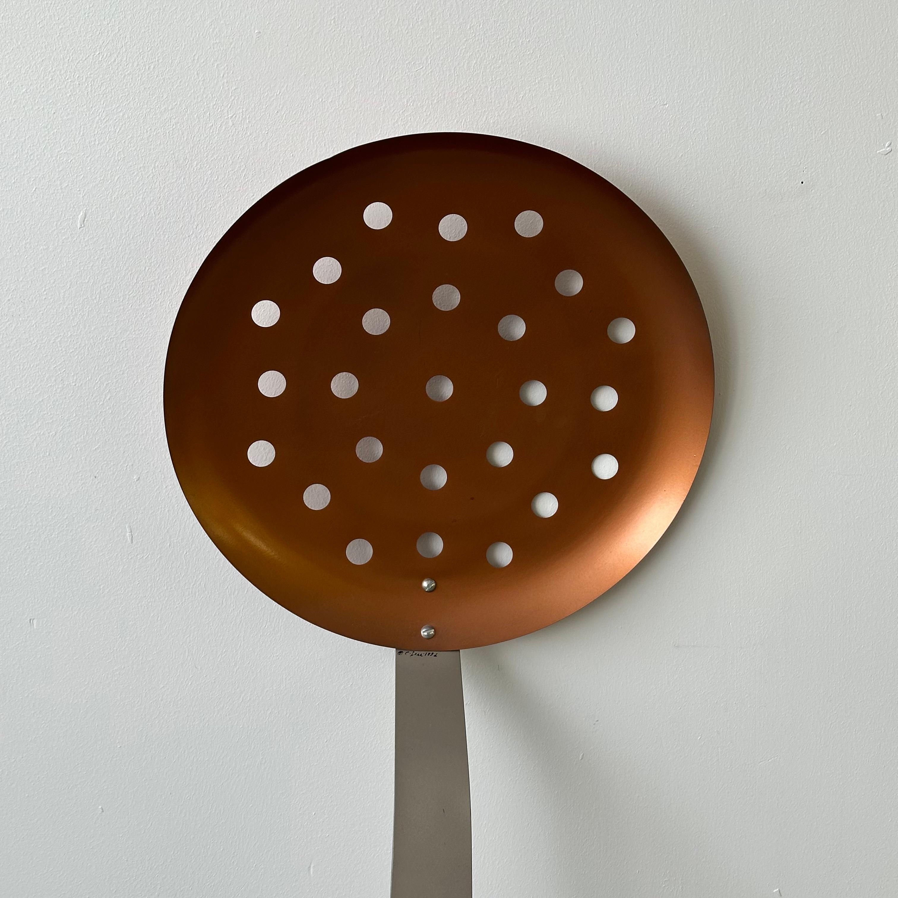 c. 1992, giant copper and brushed aluminum spoon wall sculpture. Great vintage condition, signed and dated