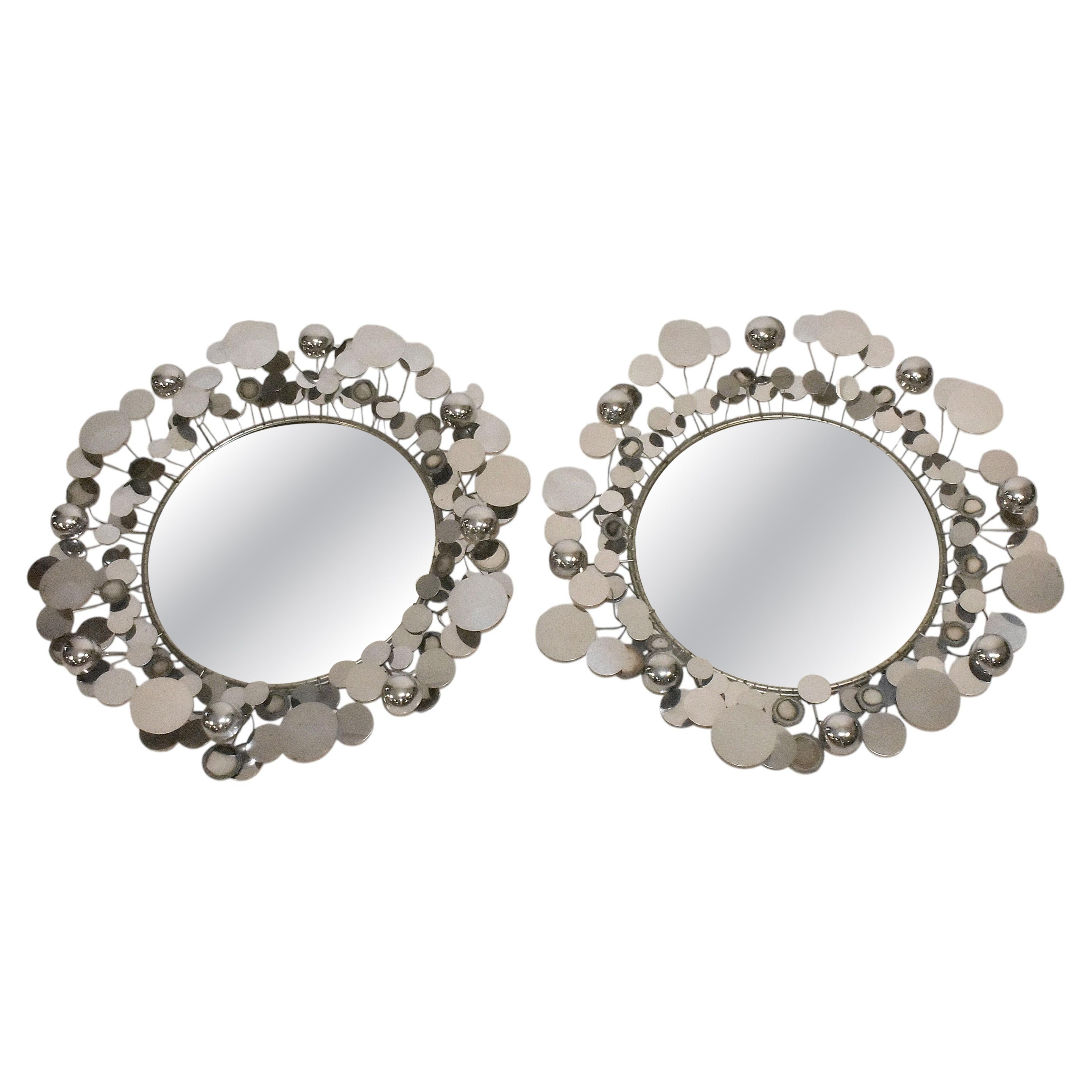 Curtis Jere Raindrops Chrome Sculpture Wall Mirrors Pair For Sale