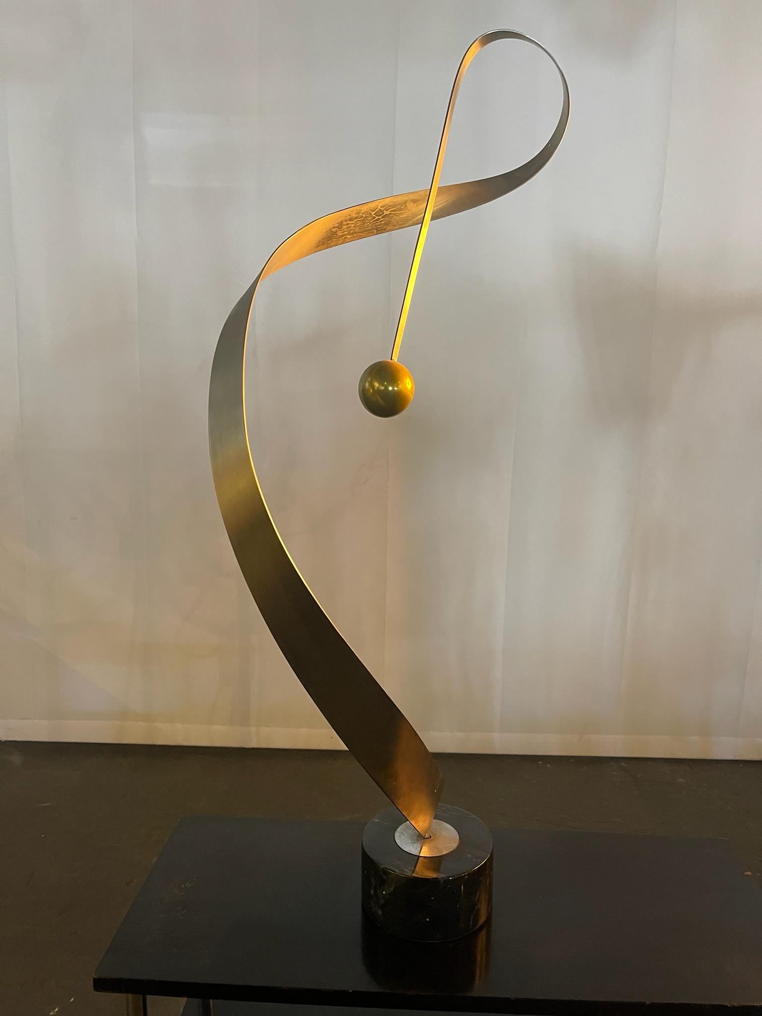 Curtis Jeré Sculpture ,Abstract Modernist,, Stainless steel / Brass ball,  Marble Base, Signed,,