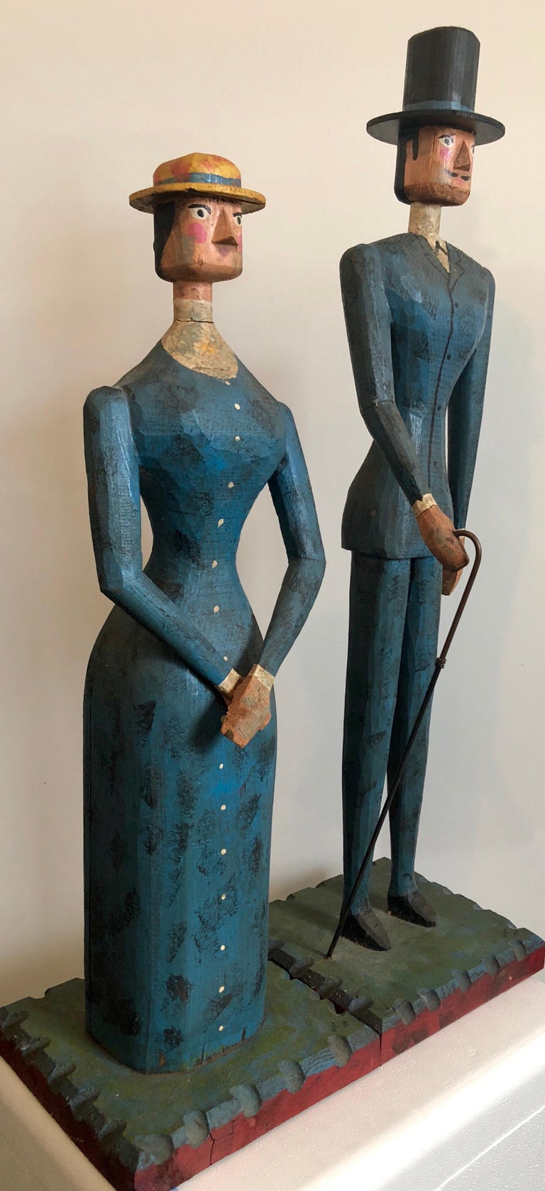 Hand Carved Painted Wood Folk Art Americana Sculpture Pair American Gothic For Sale 7