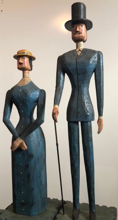 Hand Carved Painted Wood Folk Art Americana Sculpture Pair American Gothic