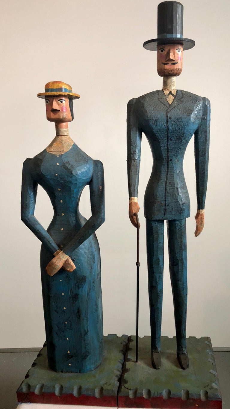 Curtis Jere Figurative Sculpture - Hand Carved Painted Wood Folk Art Americana Sculpture Pair American Gothic