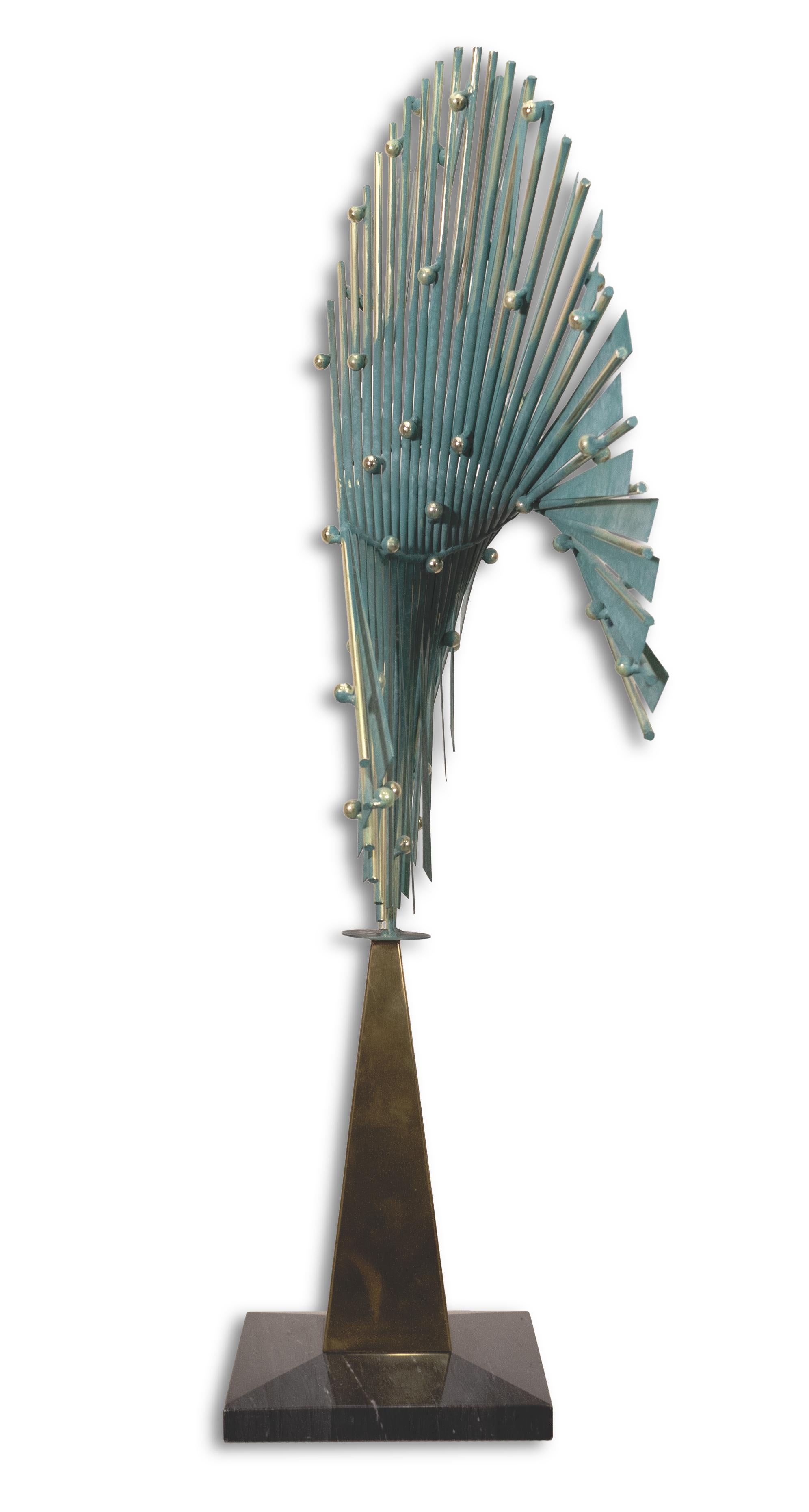 Curtis Jere Signed 1987 Blue Metal Brass and Marble Kinetic Table Sculpture In Good Condition In Keego Harbor, MI