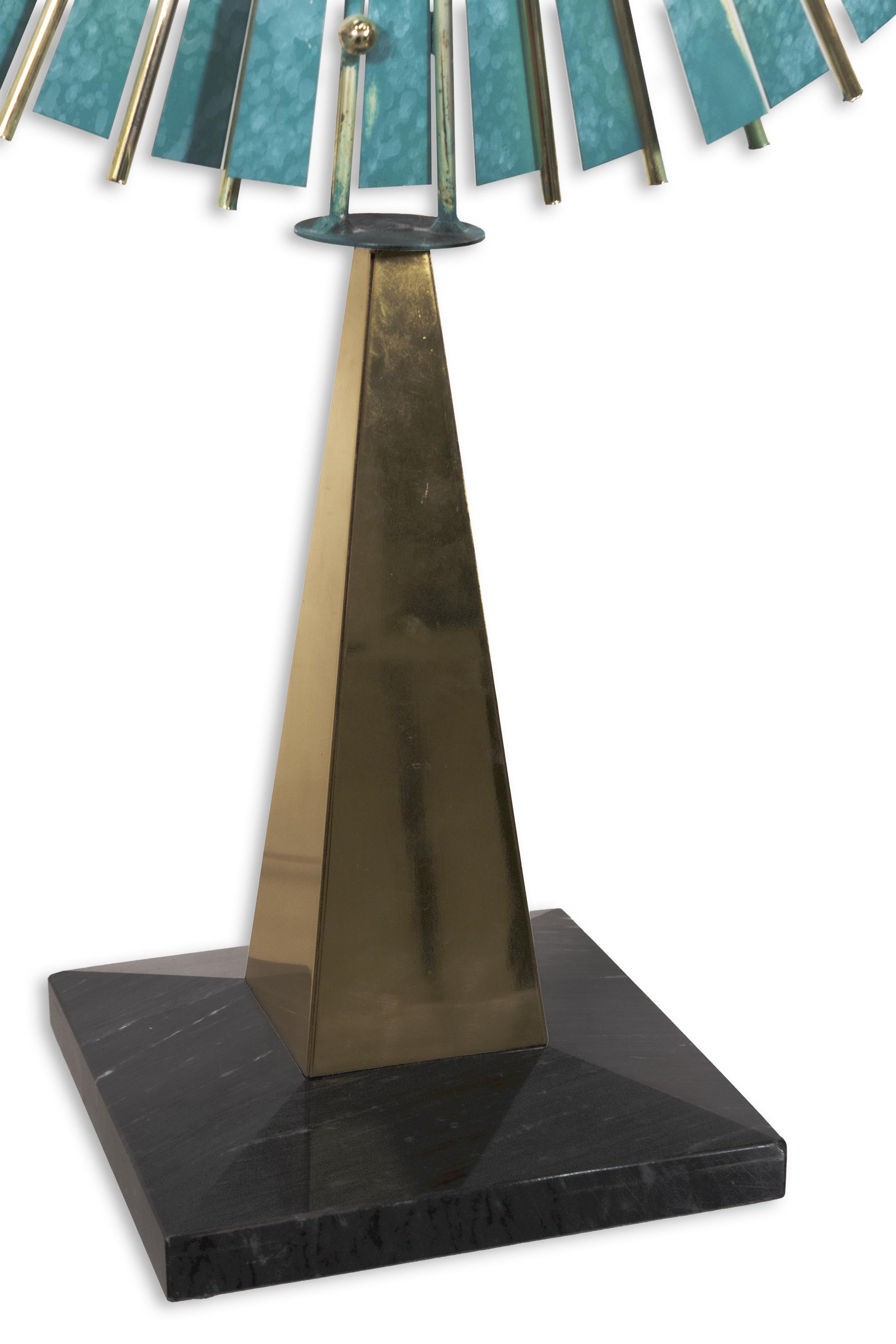 Late 20th Century Curtis Jere Signed 1987 Blue Metal Brass and Marble Kinetic Table Sculpture