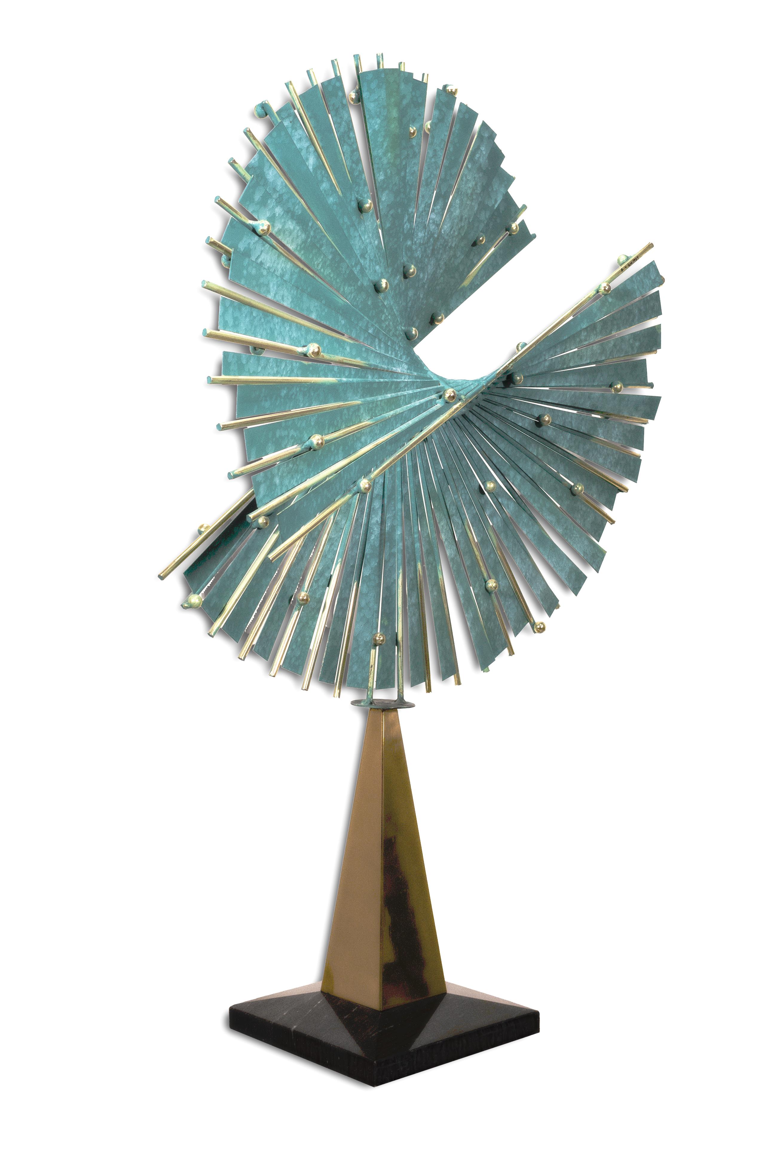Curtis Jere Signed 1987 Blue Metal Brass and Marble Kinetic Table Sculpture 2