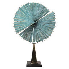 Curtis Jere Signed 1987 Blue Metal Brass and Marble Kinetic Table Sculpture