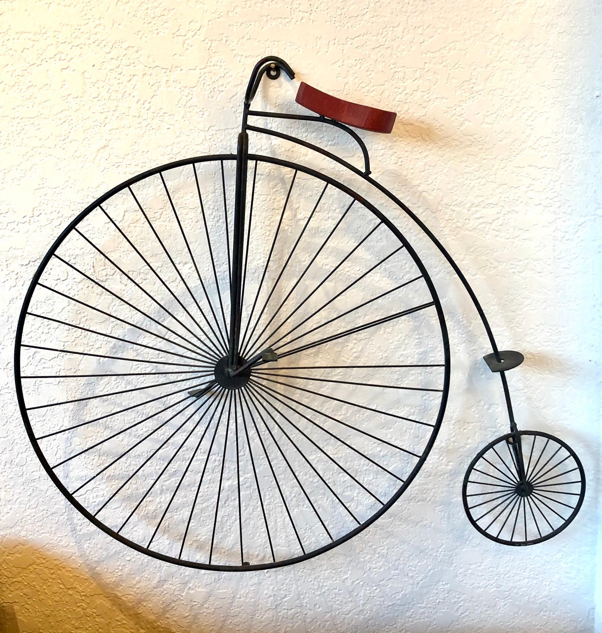 Whimsical Curtis Jere signed metal bicycle with red painted wood seat wall sculpture 1982, great wall decor signed and dated.