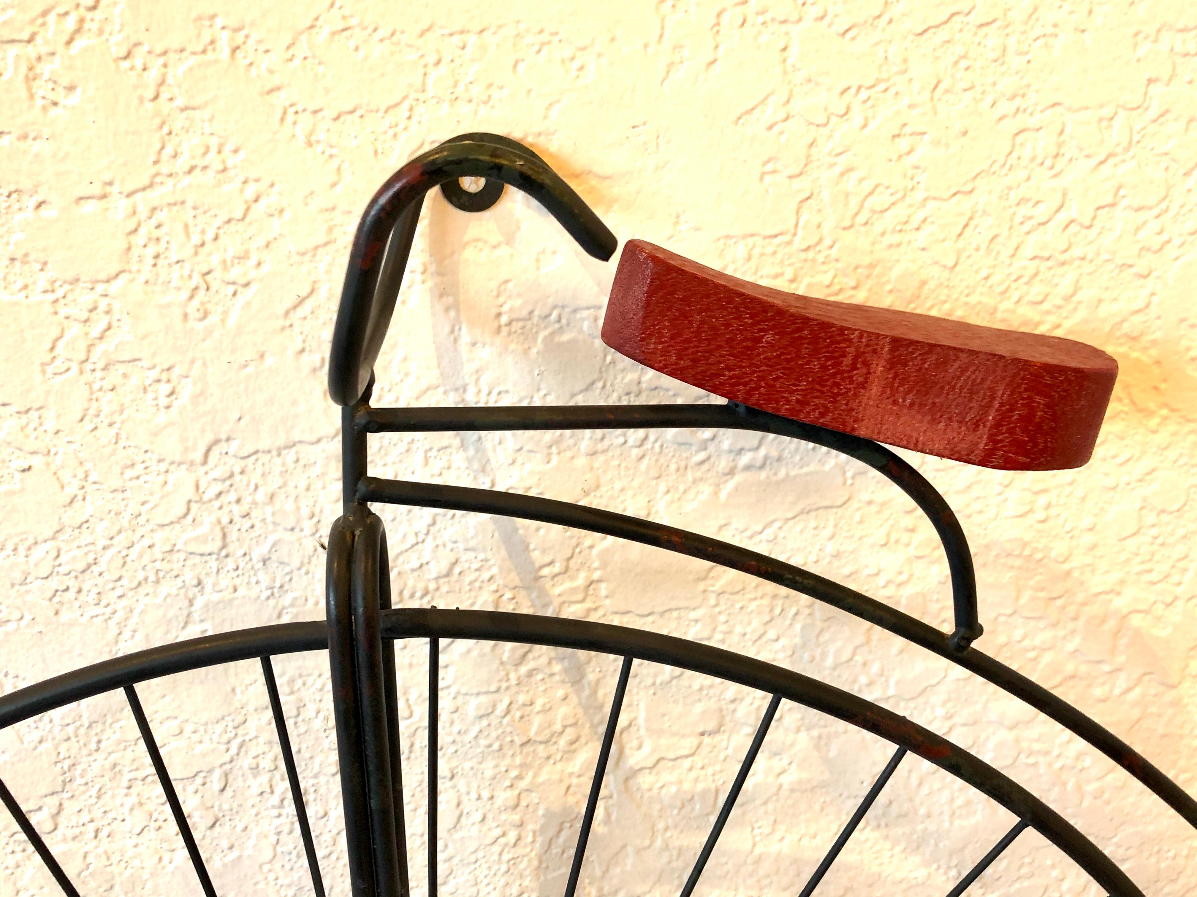 American Curtis Jere Signed Metal Bicycle with Red Painted Wood Seat Wall Sculpture, 1982