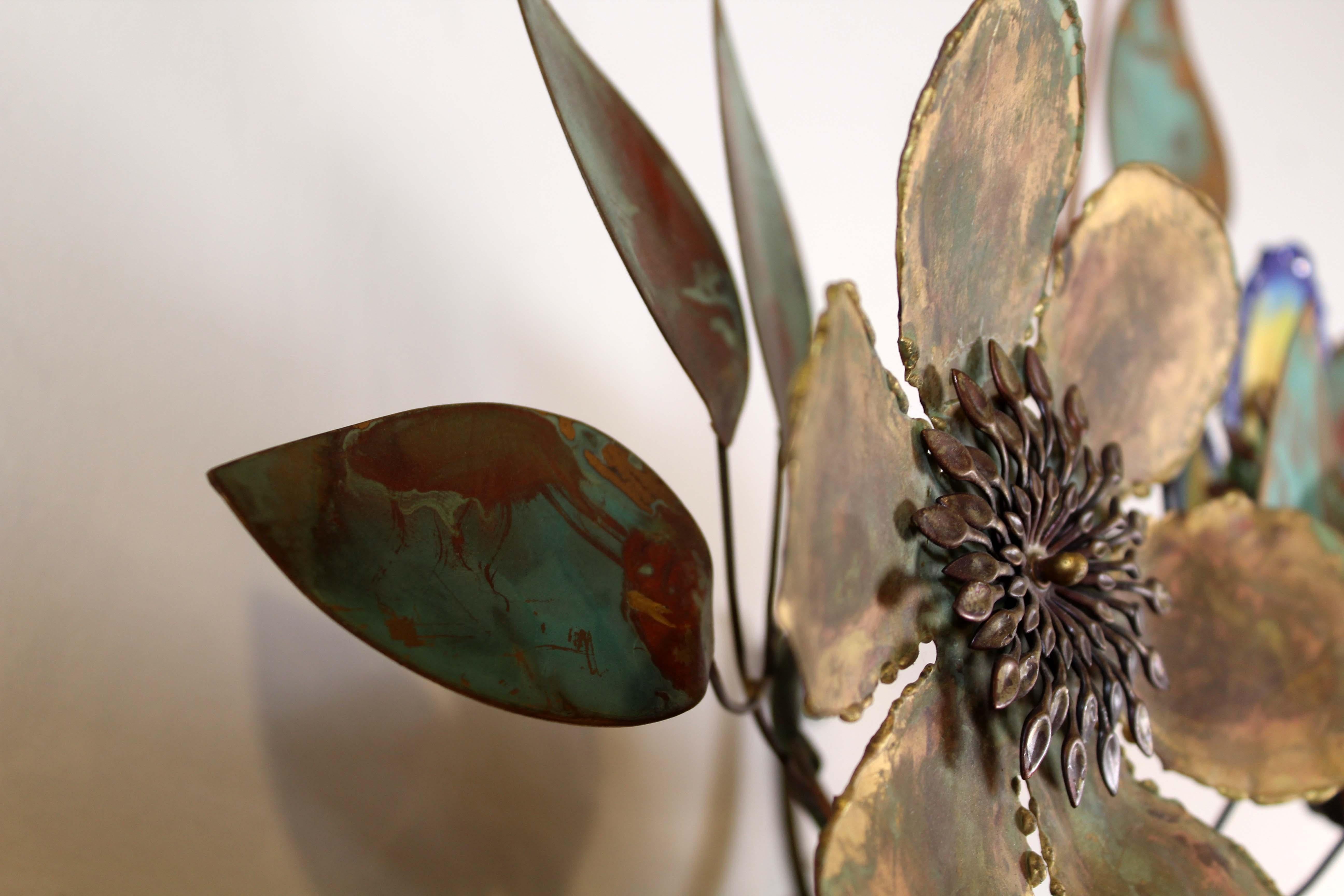 Curtis Jere Signed Mid-Century Modern Brass & Enamel Flower Metal Wall Sculpture 4