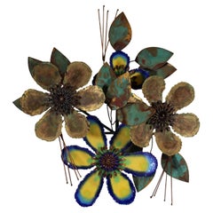 Curtis Jere Signed Mid-Century Modern Brass & Enamel Flower Metal Wall Sculpture