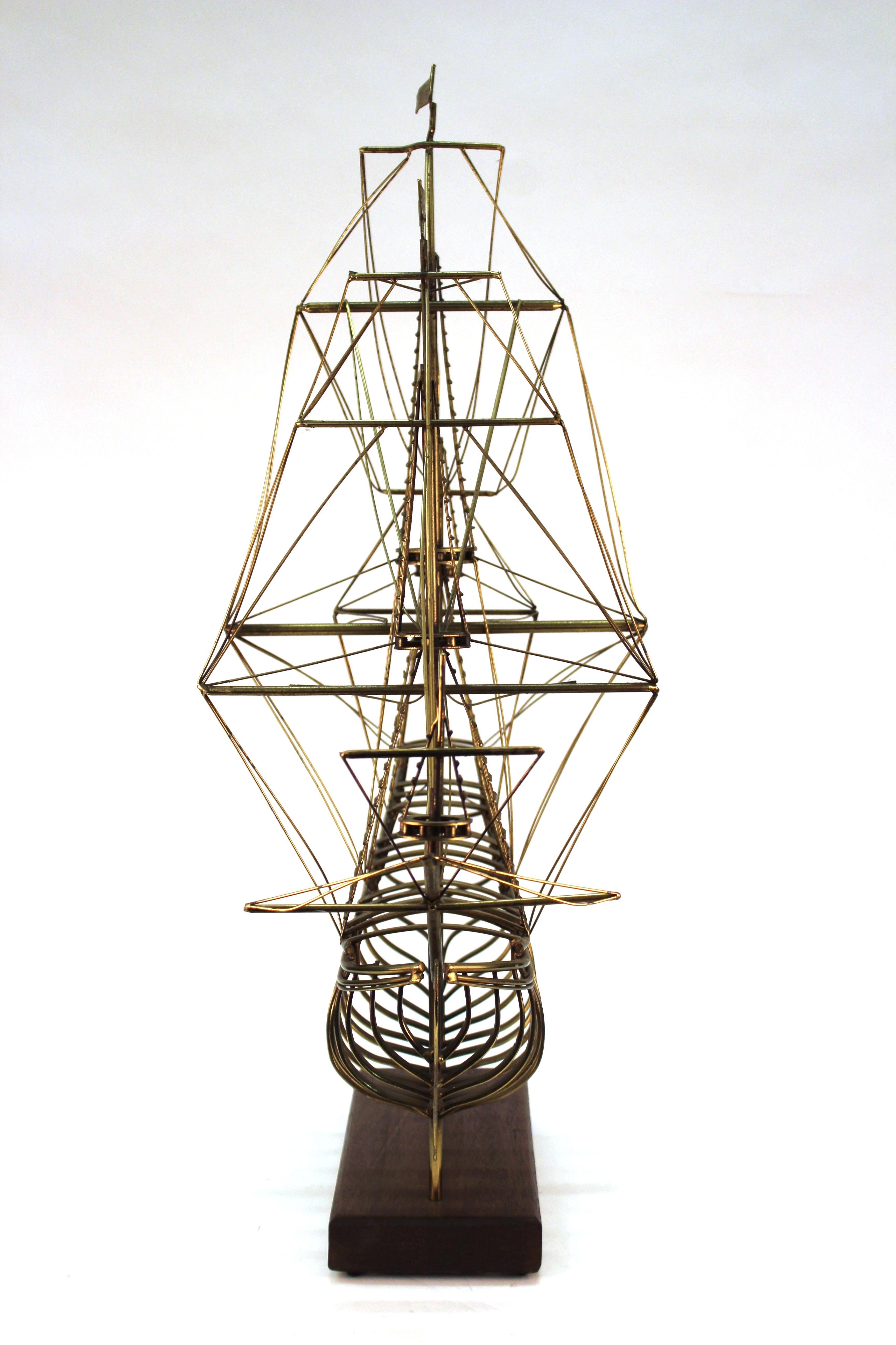 Mid-Century Modern Curtis Jere Signed Modern Brass Ship Model Sculpture on Wood Base