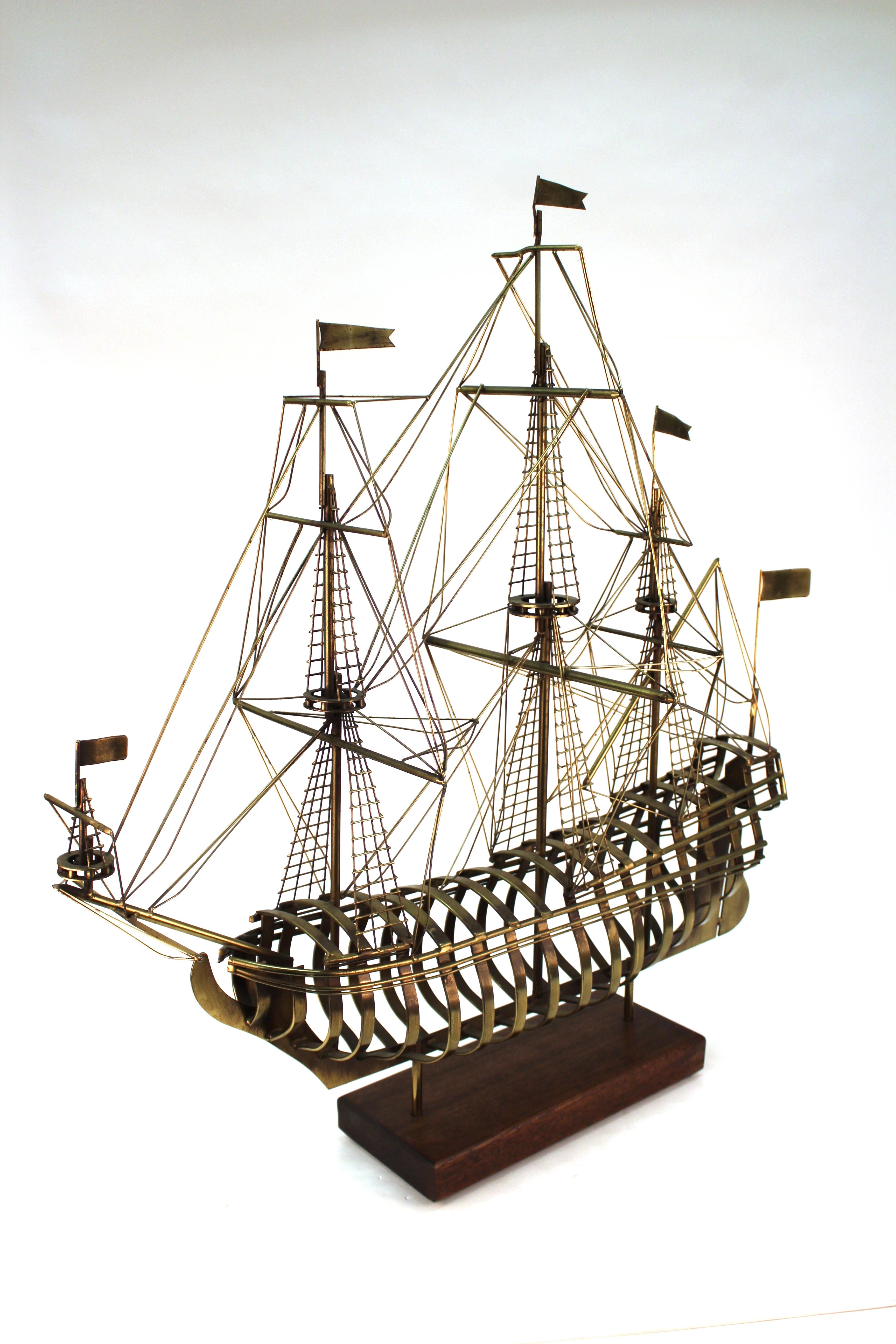 Curtis Jere Signed Modern Brass Ship Model Sculpture on Wood Base In Good Condition In New York, NY