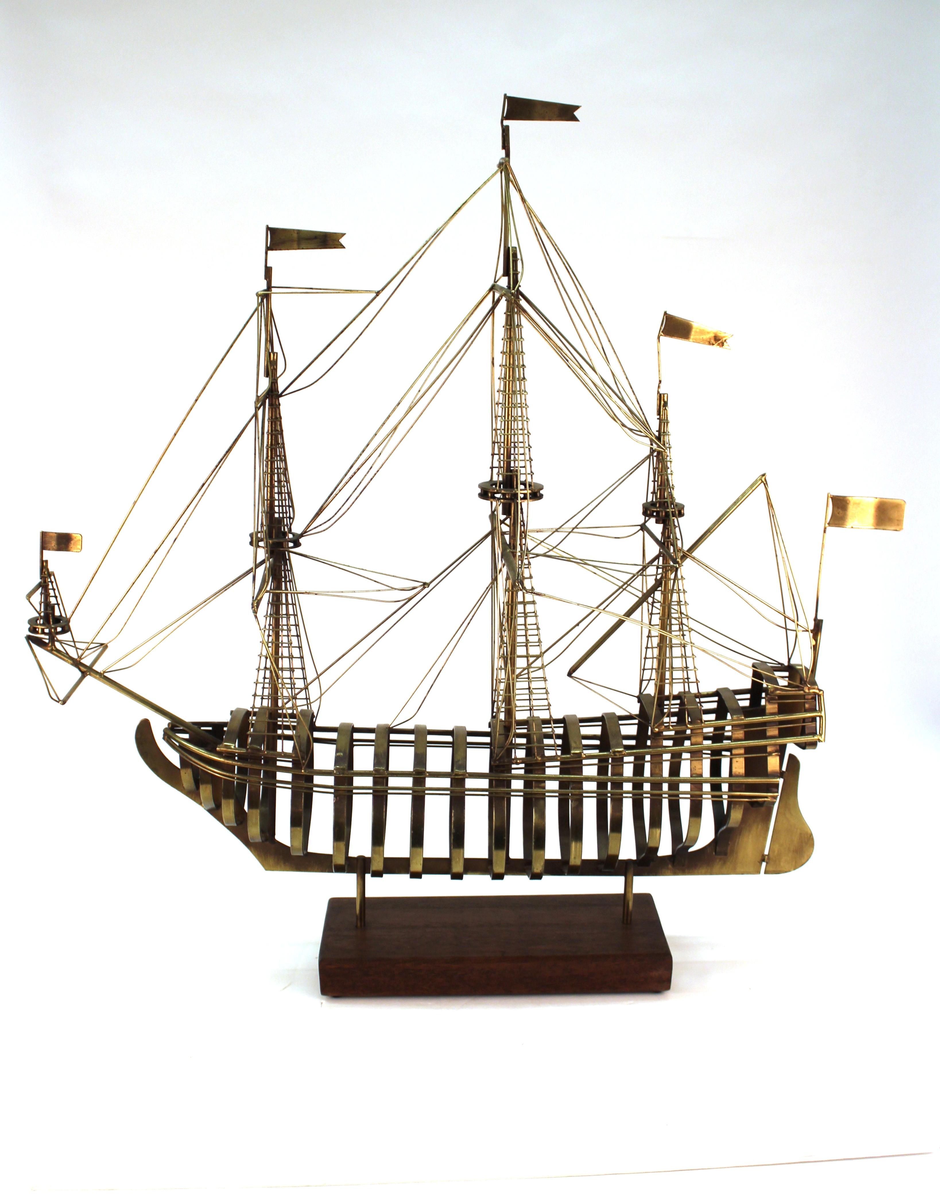 Late 20th Century Curtis Jere Signed Modern Brass Ship Model Sculpture on Wood Base