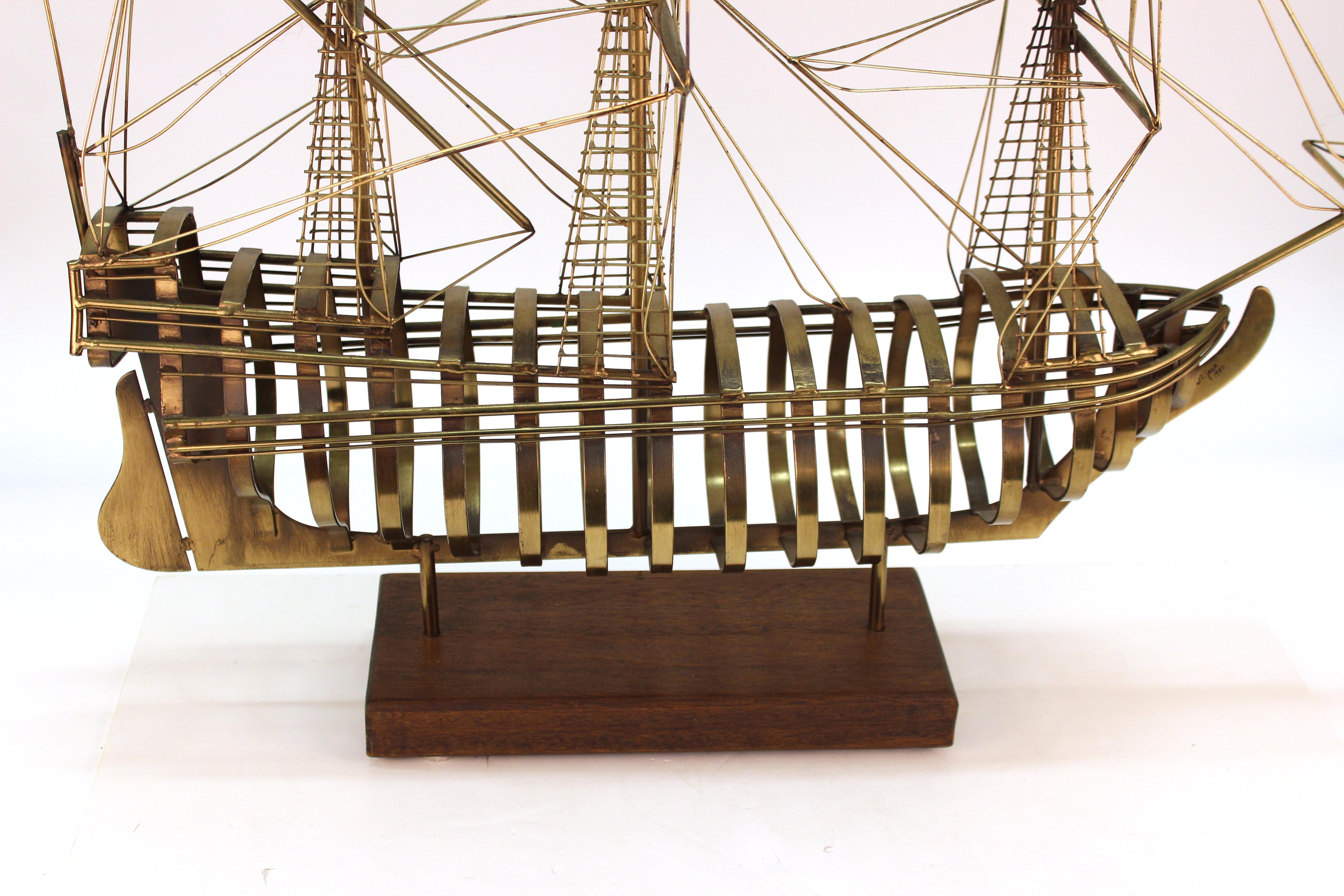 Curtis Jere Signed Modern Brass Ship Model Sculpture on Wood Base 1